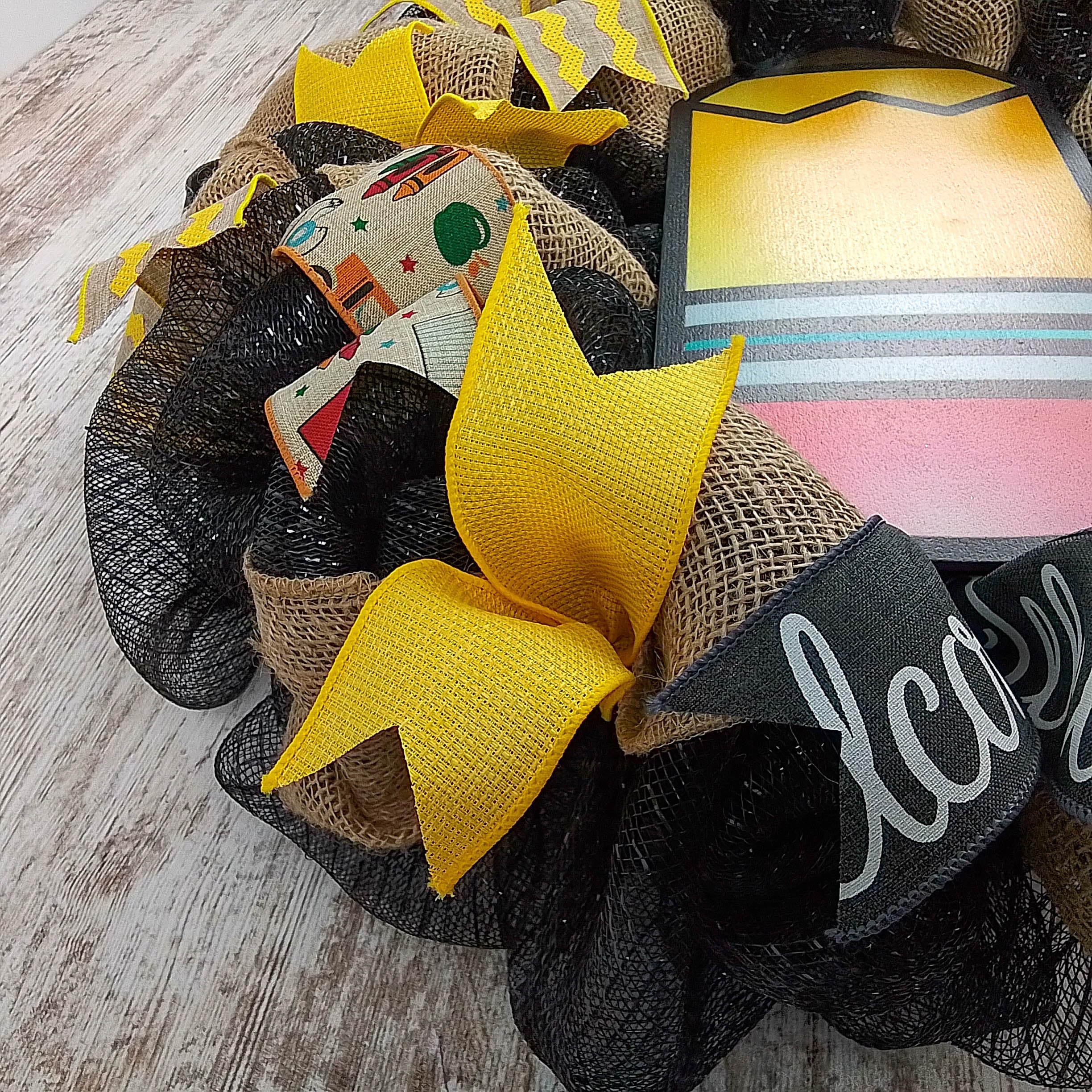 Teacher Appreciation Pencil Wreath - Black & Yellow Classroom Door Decor for Back to School & End of Year Gifts - Perfect for Teacher's Desk, Classroom Door & School Bulletin Boards