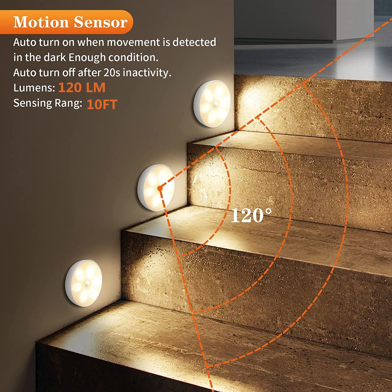 Warm White LED Closet Lights with Motion Sensor - USB Rechargeable Wireless Puck Lights, Dimmable Under Cabinet Lighting with Remote Control - Perfect for Wardrobe, Kitchen, Staircase (6 Pack)