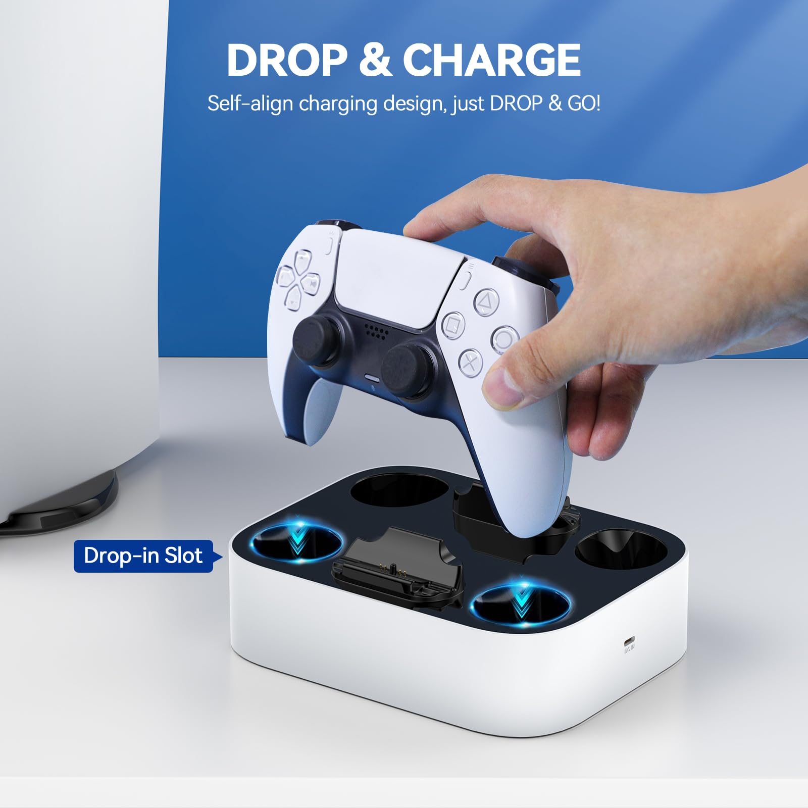 LVFAN PS5 Controller Charger Station - Fast Charging Dock for Playstation 5 & DualSense Edge Controllers (White) | Perfect for Gaming Setup & Multiplayer Sessions