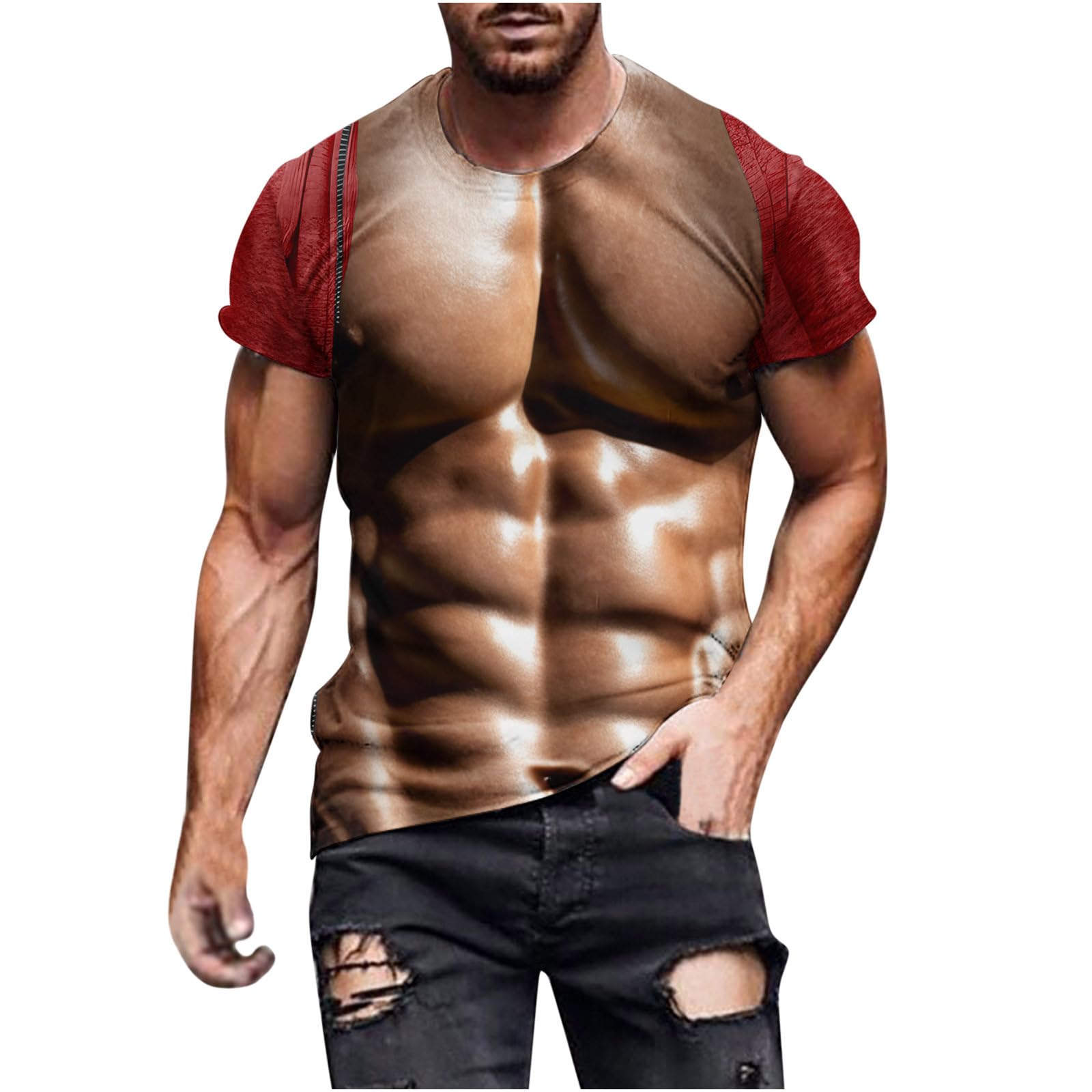 Men's 3D Muscle Printed T-Shirt - Funny Fake Abs Graphic Tee - Summer Short Sleeve Novelty Top - Gym, Cosplay & Casual Wear