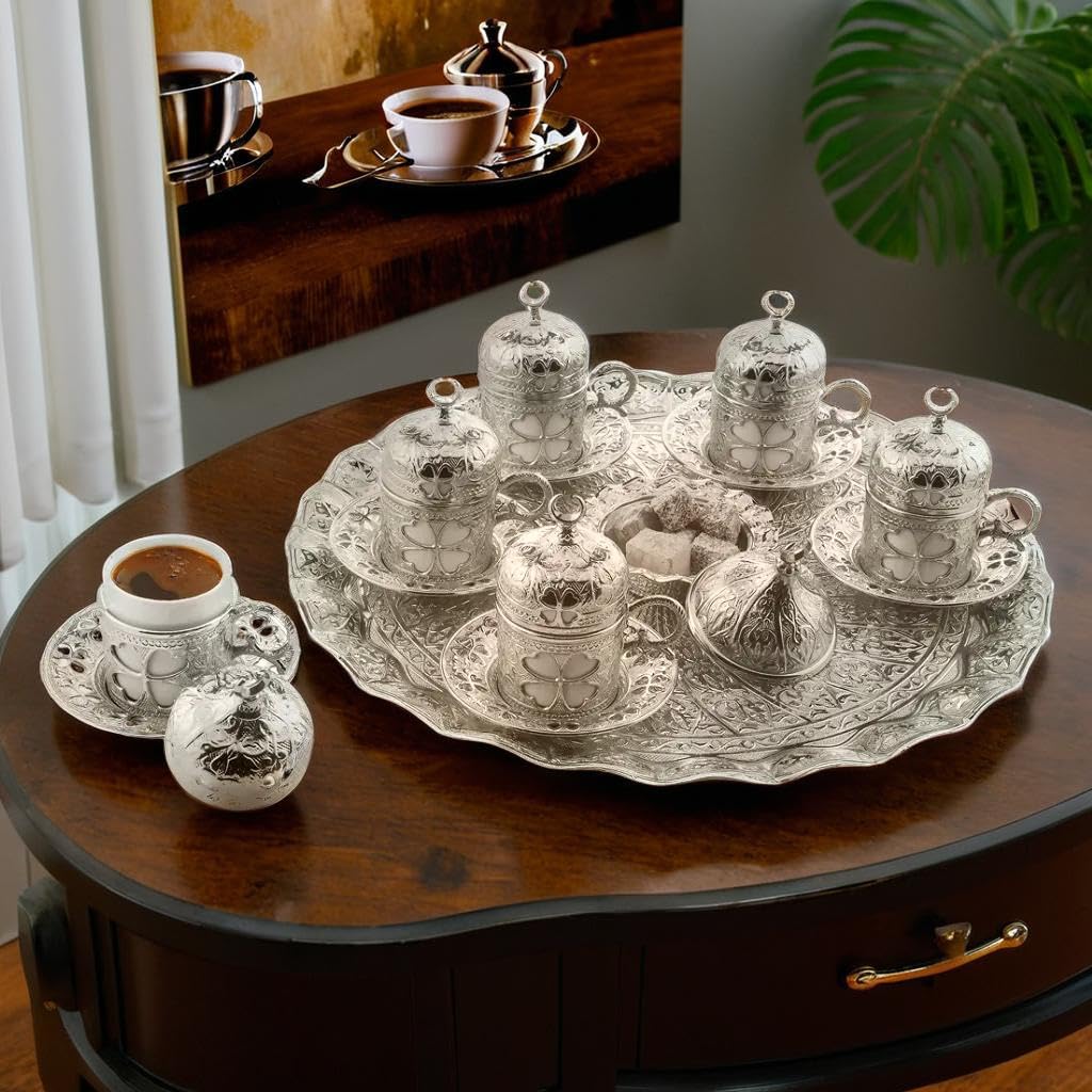 LaModaHome 6-Piece Turkish Espresso Coffee Cup Set with Saucer, Lid, Holder & Tray - Ottoman Tulip Design Porcelain Mugs for Coffee Lovers - Perfect for Arabic, Greek & Turkish Coffee - Ideal Gift & Home Decor Accessory - Silver