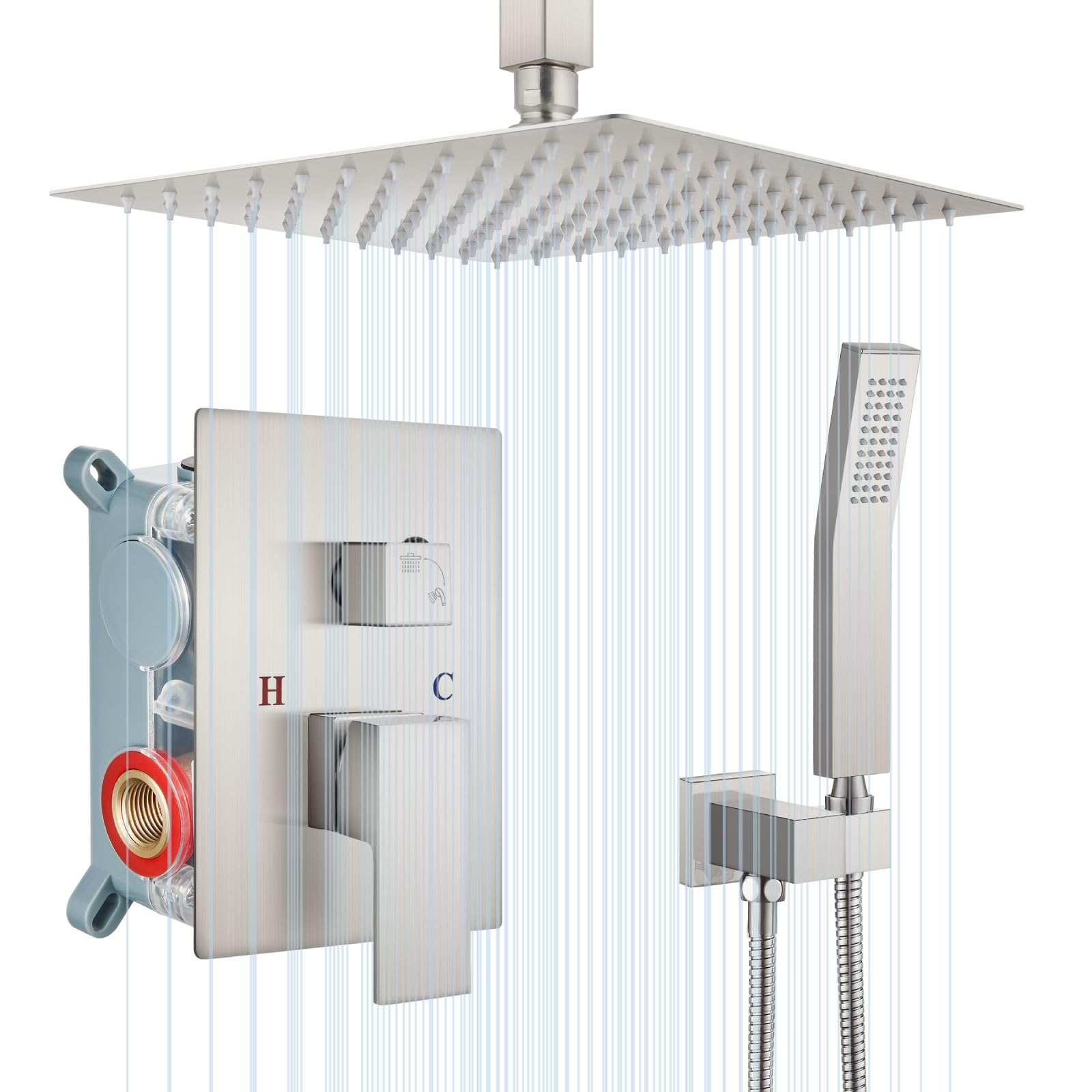 12 Inch Ultra-Thin Ceiling Mount Rain Shower System - Brushed Nickel SUS304 Luxury Shower Head with Handheld & Rough-in Valve - Perfect for Modern Bathroom & Spa Experience