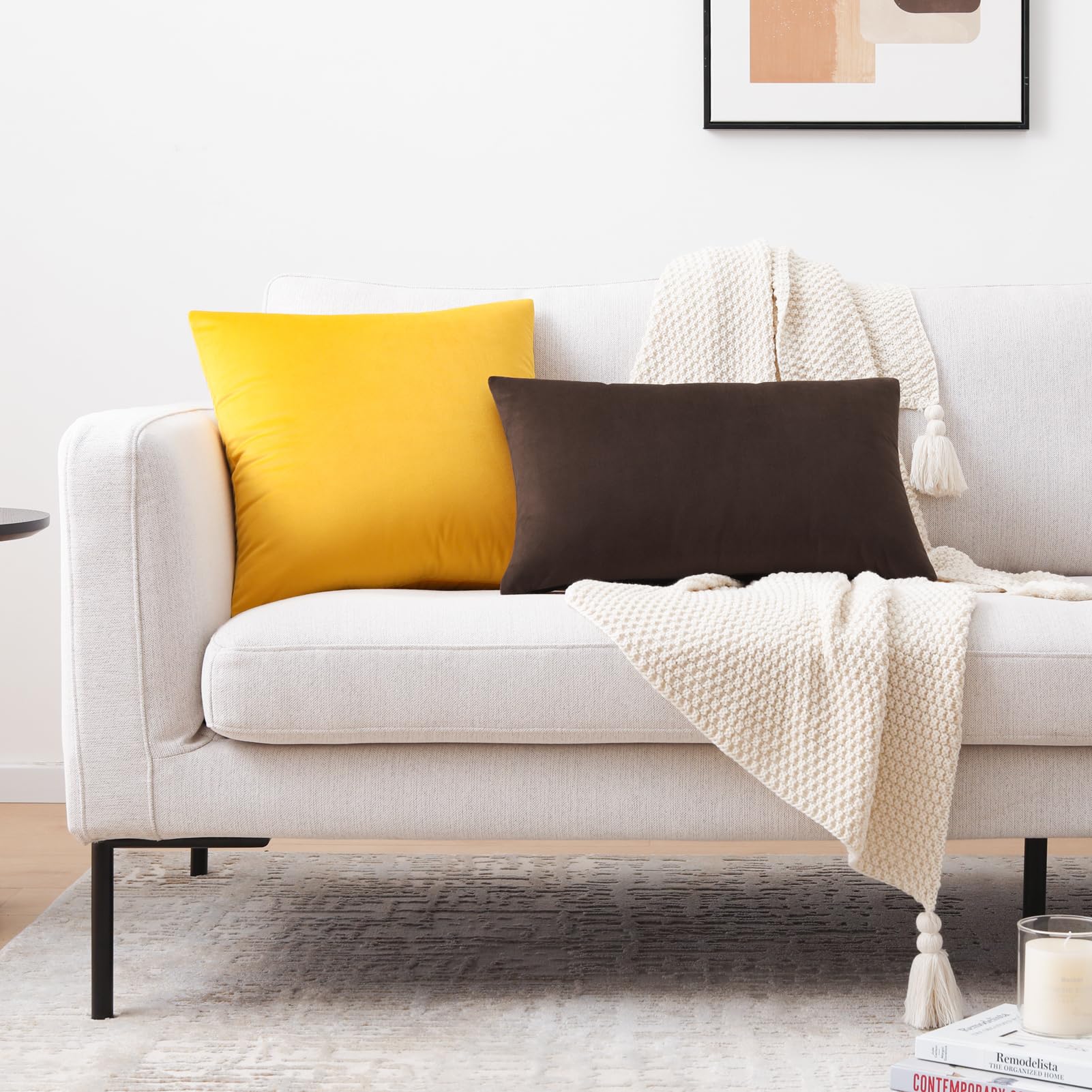 Mixhug Velvet Decorative Throw Pillow Covers - 24x24 Inch Set of 2, Solid Mustard Yellow Cushion Covers for Sofa, Couch & Bed - Perfect for Living Room Decor, Bedroom Accent & Home Styling