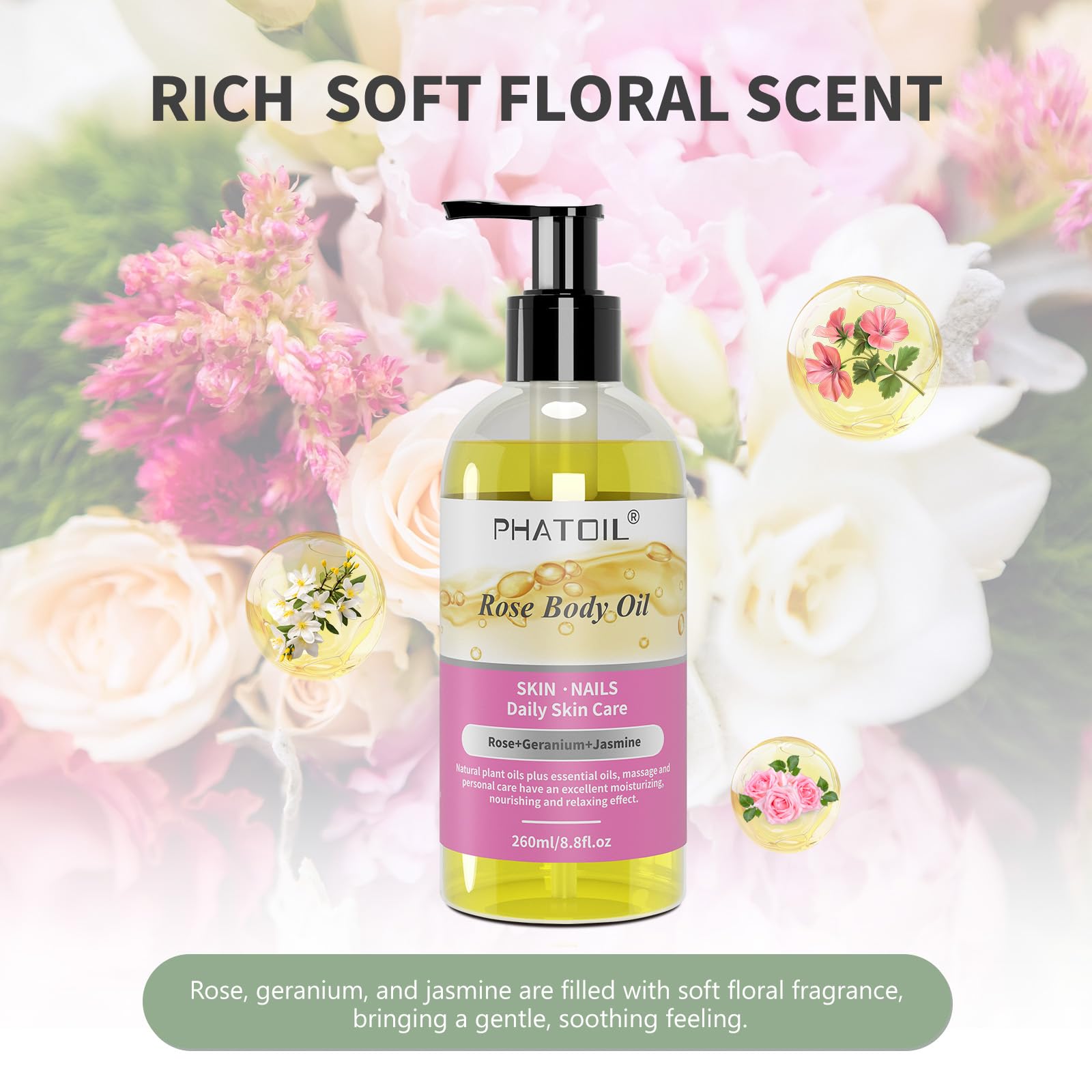 260ml (8.8 fl.oz) Natural Rose & Basil Body Oil for Hydration & Relaxation - Perfect for Massage, Aromatherapy & Skin Care