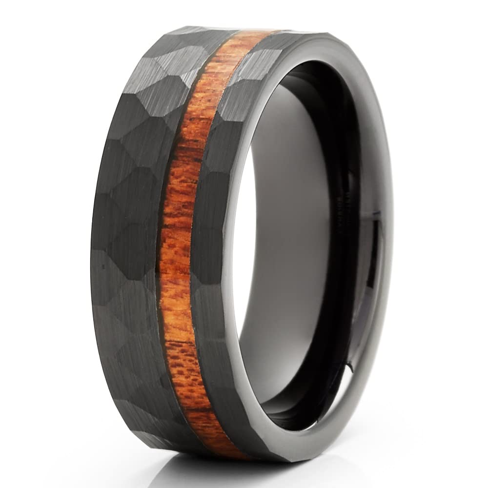 Black Tungsten Wedding Ring for Men - 8mm Koa Wood Inlay Band - Durable & Stylish Anniversary & Engagement Ring - Perfect for Everyday Wear & Special Occasions
