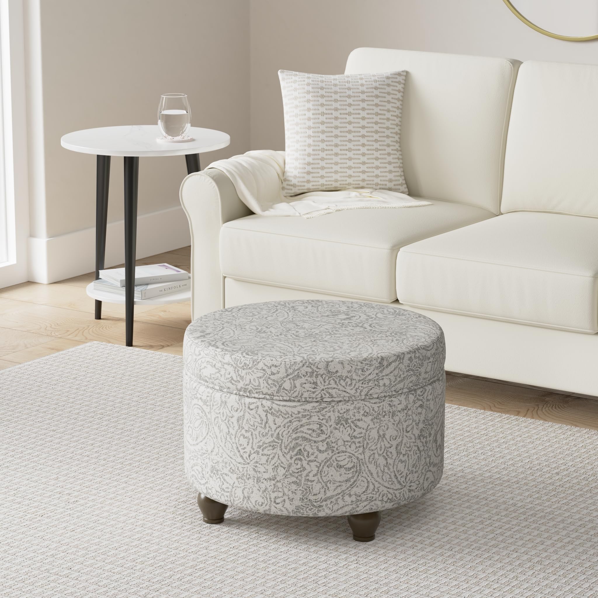 Homepop Round Upholstered Storage Ottoman - Gray Floral Fabric Footrest with Hidden Storage for Living Room & Bedroom | Perfect for Extra Seating & Home Organization