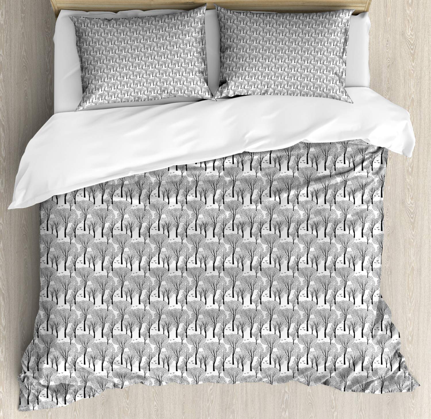 Ambesonne Woodland Duvet Cover Set - King Size Charcoal Grey & White Forest Design with Monochrome Trees, Birds & Autumn Wildlife | 3-Piece Bedding Set with 2 Pillow Shams | Perfect for Cozy Cabin Retreats, Nature-Themed Bedrooms & Seasonal Home Decor