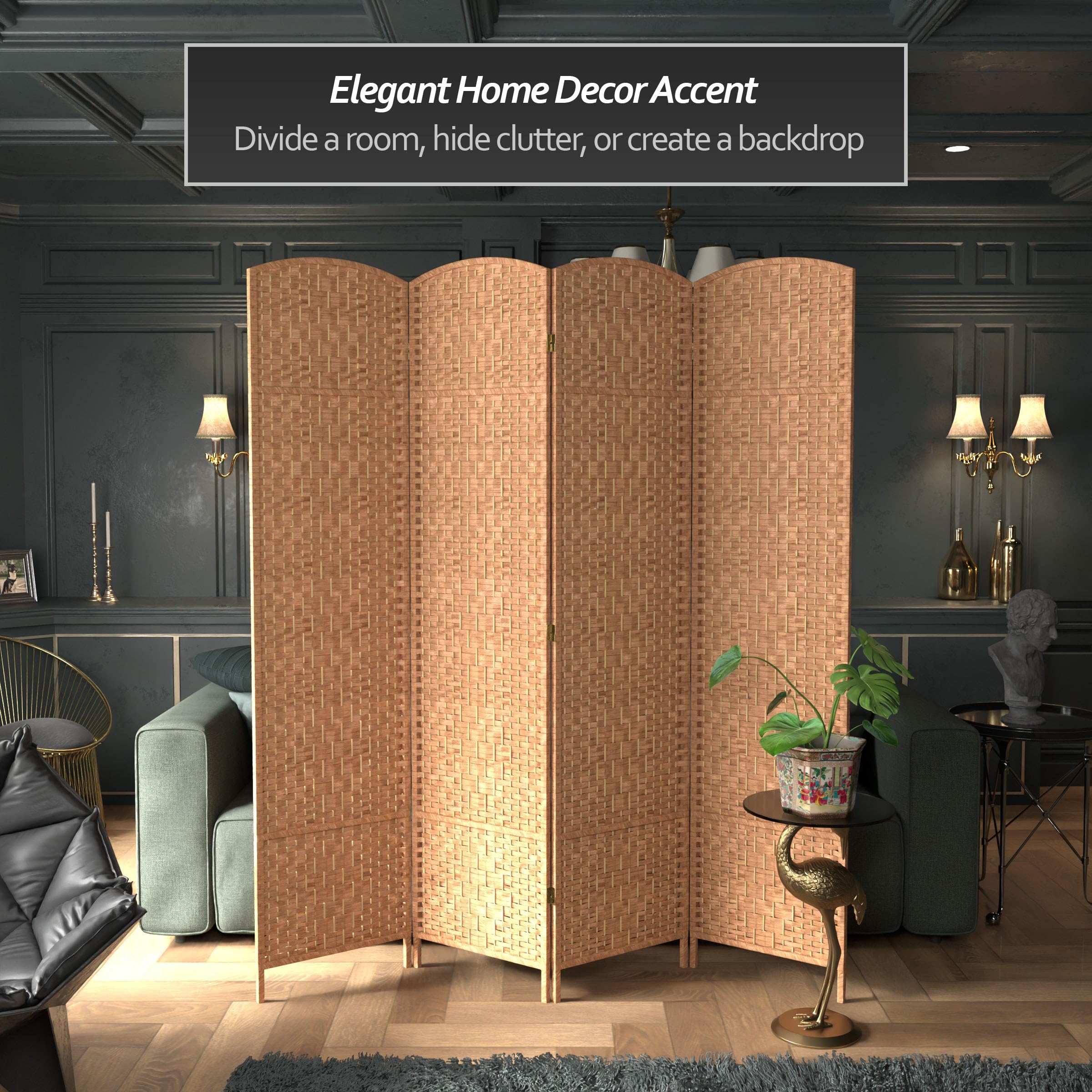 7 ft. Tall Red Diamond Weave Room Divider - 4 Panel Natural Bamboo Folding Screen for Home, Office & Wedding Decor