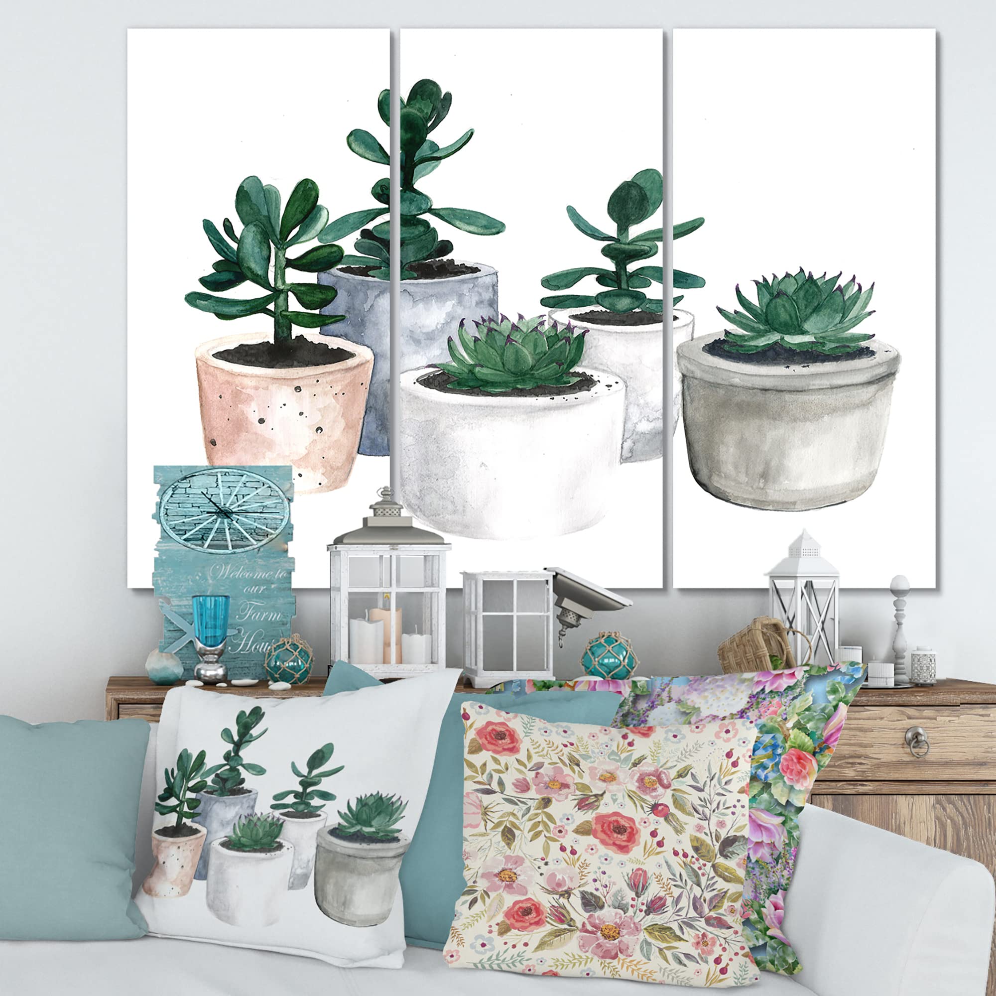 DesignQ Cactus and Succulent House Plants VI Farmhouse Canvas Wall Art - Botanical Home Decor for Living Room, Bedroom & Office