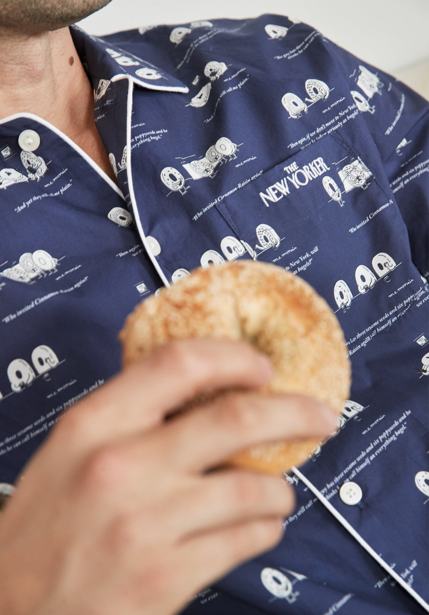 Sleepy Jones x The New Yorker Henry Pajama Set - Navy Blue Dozin' Bagels Print Cotton Pajamas for Men | Comfortable Sleepwear for Lounging & Relaxing at Home