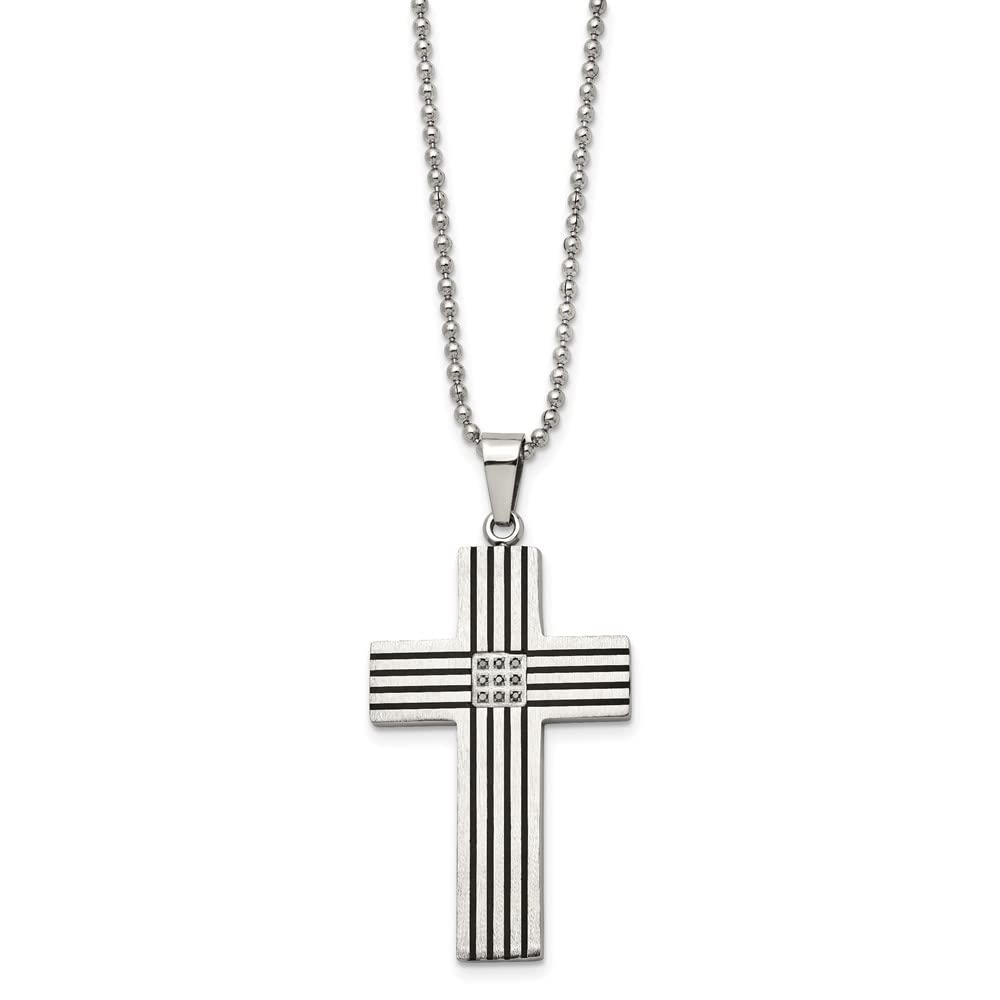 Stainless Steel Striped & Black Diamond Cross Pendant Necklace - 22 Inch Chain for Women & Men - Perfect for Gifts, Weddings, Church & Everyday Wear
