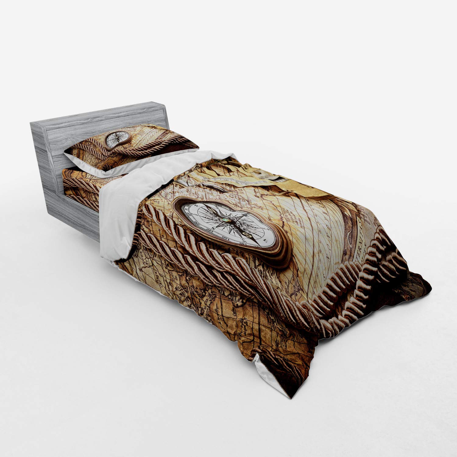 Ambesonne Vintage Compass Duvet Cover Set - 3 Piece Bedding with Sham & Fitted Sheet, Twin XL Size in Cream | Nautical Navigation Theme with Sextant Design | Perfect for Coastal, Adventure or Travel Themed Bedrooms