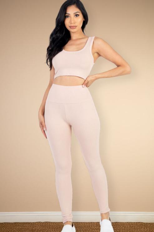 Stylish Ribbed Crop Top & High-Waisted Leggings Set for Women | Trendy Workout Outfit & Casual Streetwear | Perfect for Yoga, Gym, and Everyday Wear