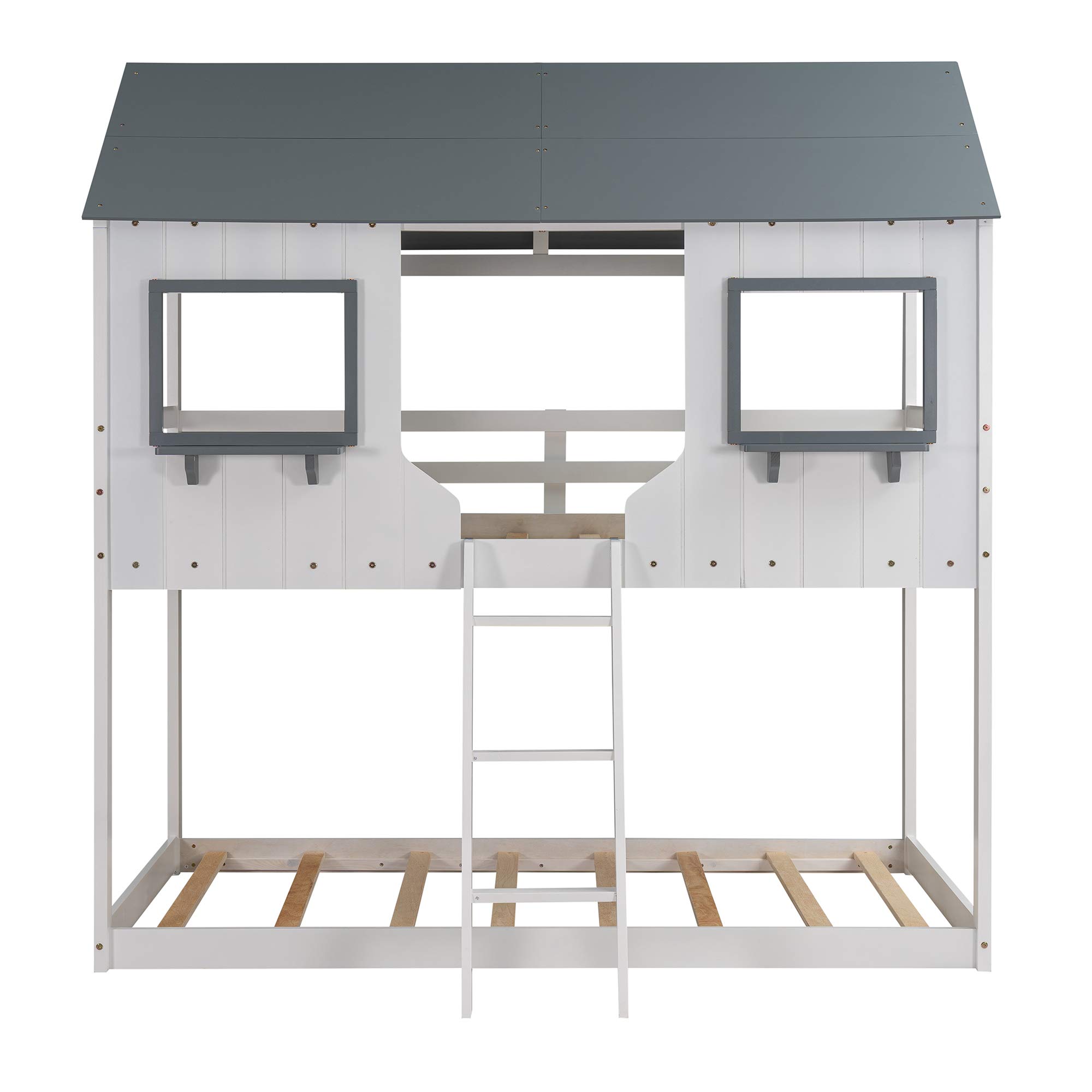 Danxee Twin Over Twin Wooden Bunk Beds with Playhouse Roof, Safety Guardrail & Ladder - Kids Bunk Bed for Boys & Girls - Easy Assembly (White) - Perfect for Bedrooms, Playrooms & Small Spaces