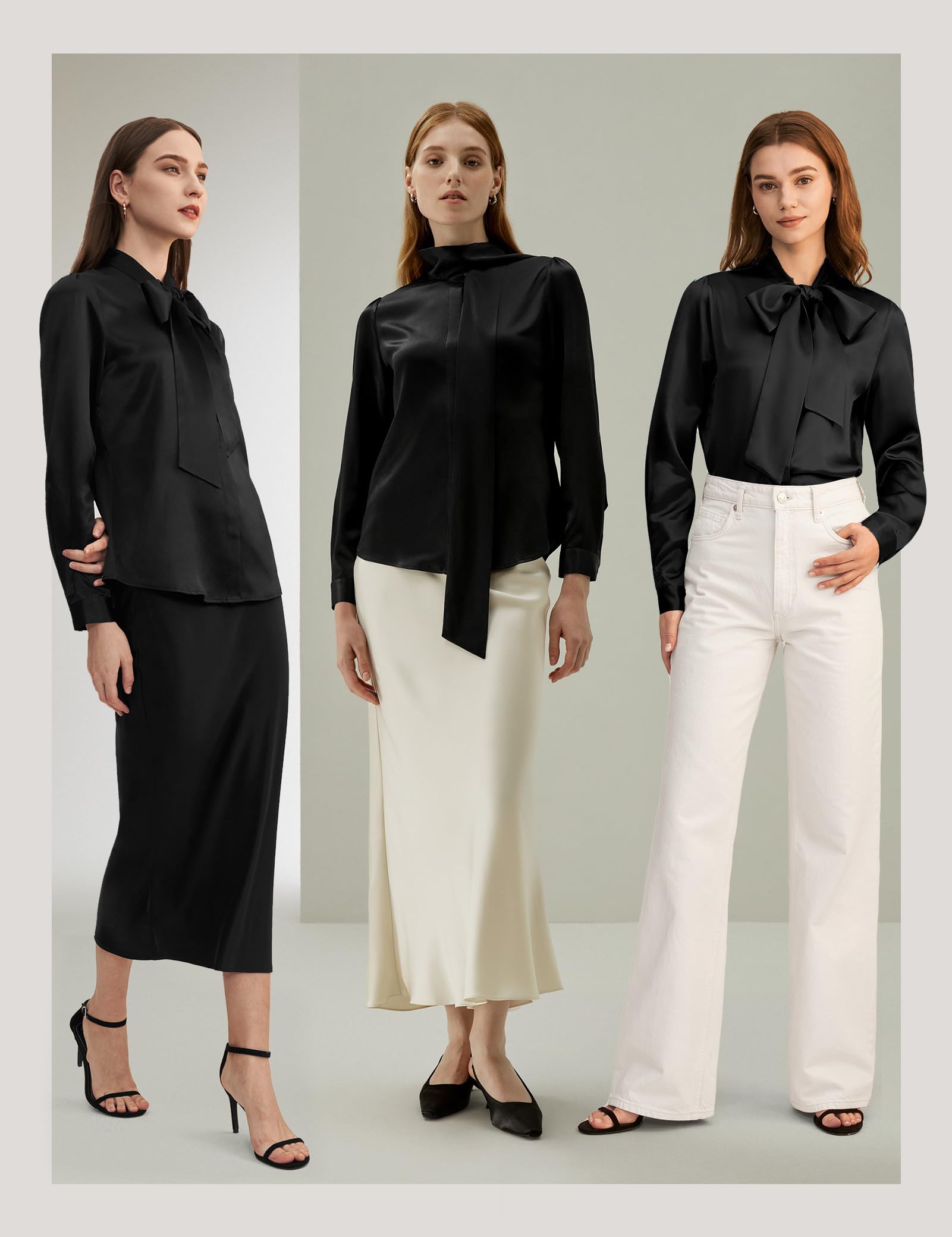 LilySilk Women's Vintage Bow-Tie Neck Silk Blouse - Long Sleeve Button Down Real Silk Shirt for Office, Party & Special Occasions