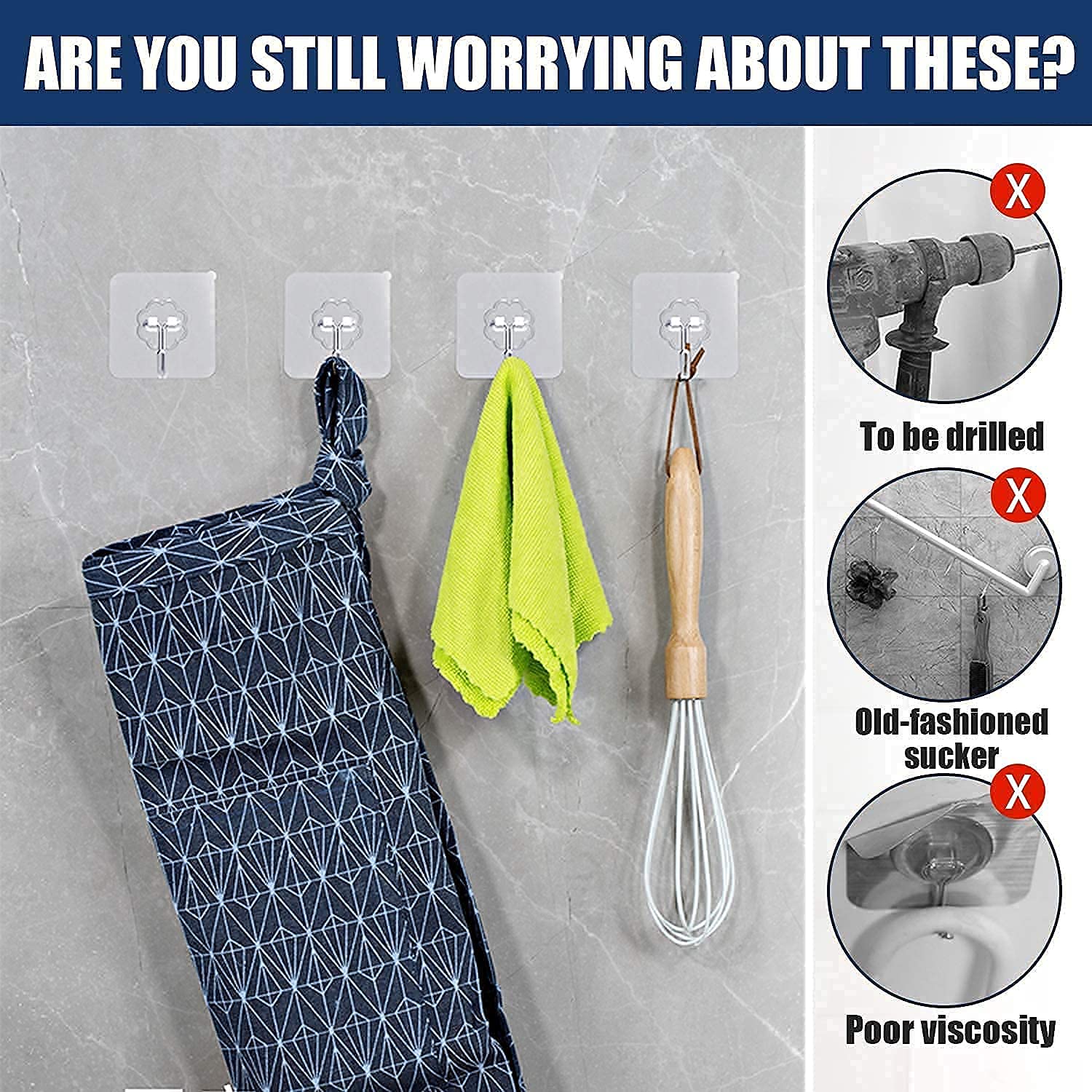 YOZONKY 10-Pack Heavy Duty Self-Adhesive Wall Hooks - Transparent Plastic Hanging Hooks with Strong Adhesive for 10kg Max Weight - Perfect for Bathroom, Kitchen, Bedroom Organization & Home Decor
