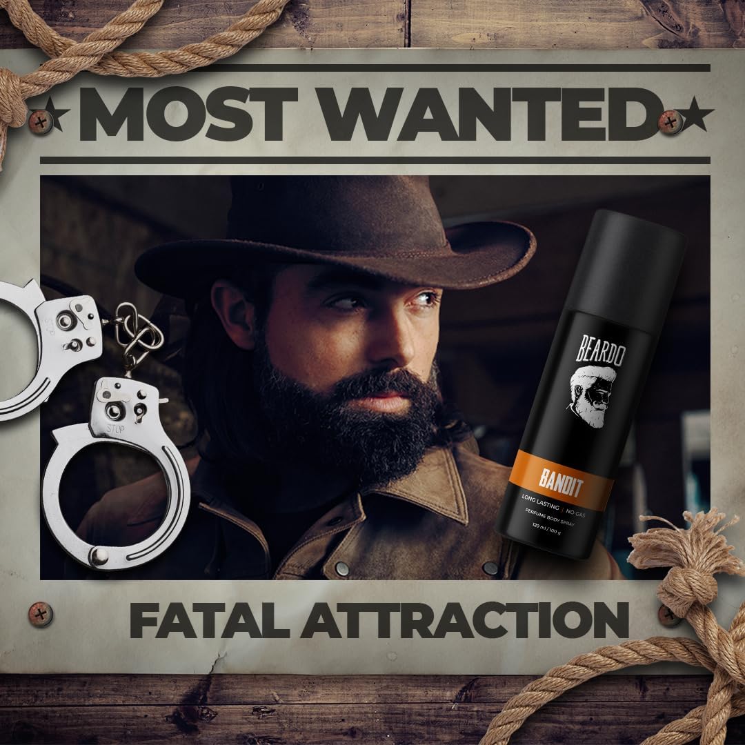 Beardo Perfume Body Spray for Men - BANDIT, 120ml | Long Lasting Alcohol-Free Deodorant with Bergamot, Oakmoss & Tonka Bean Fragrance | Gift for Him, Christmas, Birthday & Special Occasions | Perfect for Work, Gym & Everyday Use