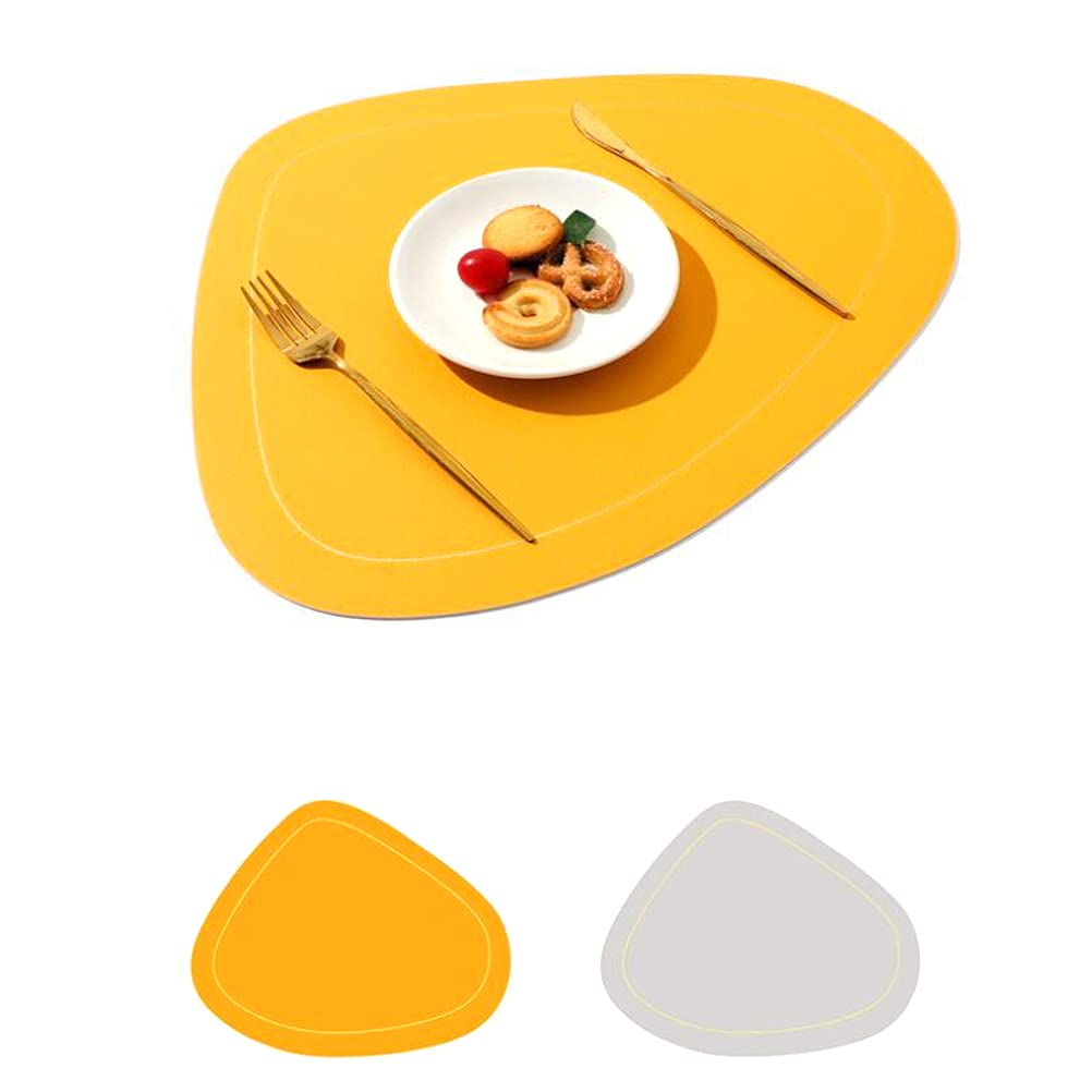 4-Pack Waterproof Round Reversible Faux Leather Placemats for Dining Table - Wipe Clean, Yellow & Gray - Perfect for Kitchen, Restaurant, and Party Use
