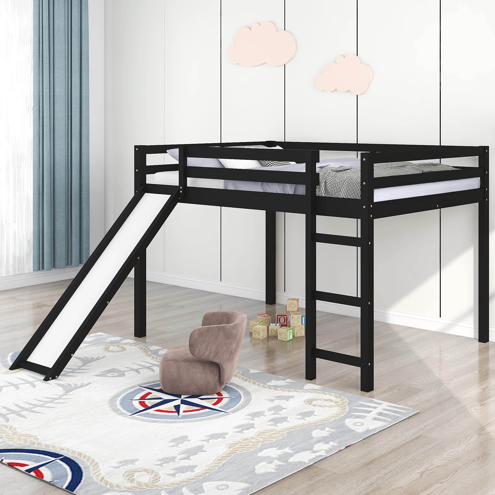 Sturdy Full Loft Bed with Slide - Wooden Low Loft Bed Frame for Kids, Teens, Boys & Girls - No Box Spring Required - Espresso Finish - Perfect for Small Bedrooms, Dorm Rooms & Play Areas