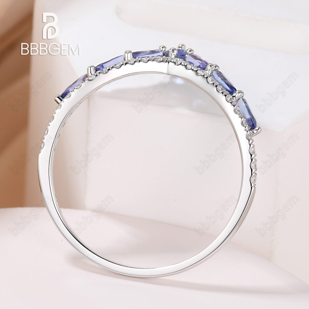 White Gold V-Shaped Chevron Band with Marquise Tanzanite & Moissanite Pave - Stackable Wedding Ring for Women, Perfect for Bridal Sets, Anniversary Gifts & Everyday Elegance