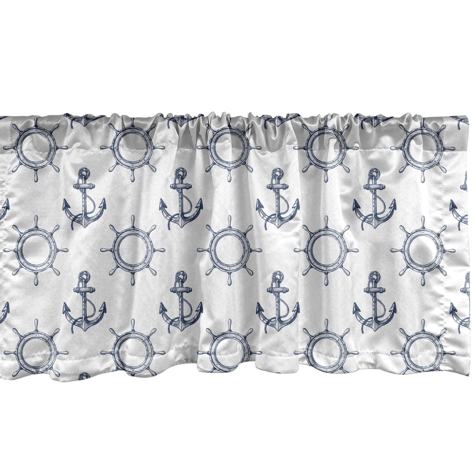 Lunarable Nautical Ships Wheel Window Valance - Anchors & Steering Wheels Pirate Sailor Marine Theme Curtain Valance with Rod Pocket, 54x18 Inches, Night Blue - Perfect for Kitchen, Bedroom & Coastal Home Decor