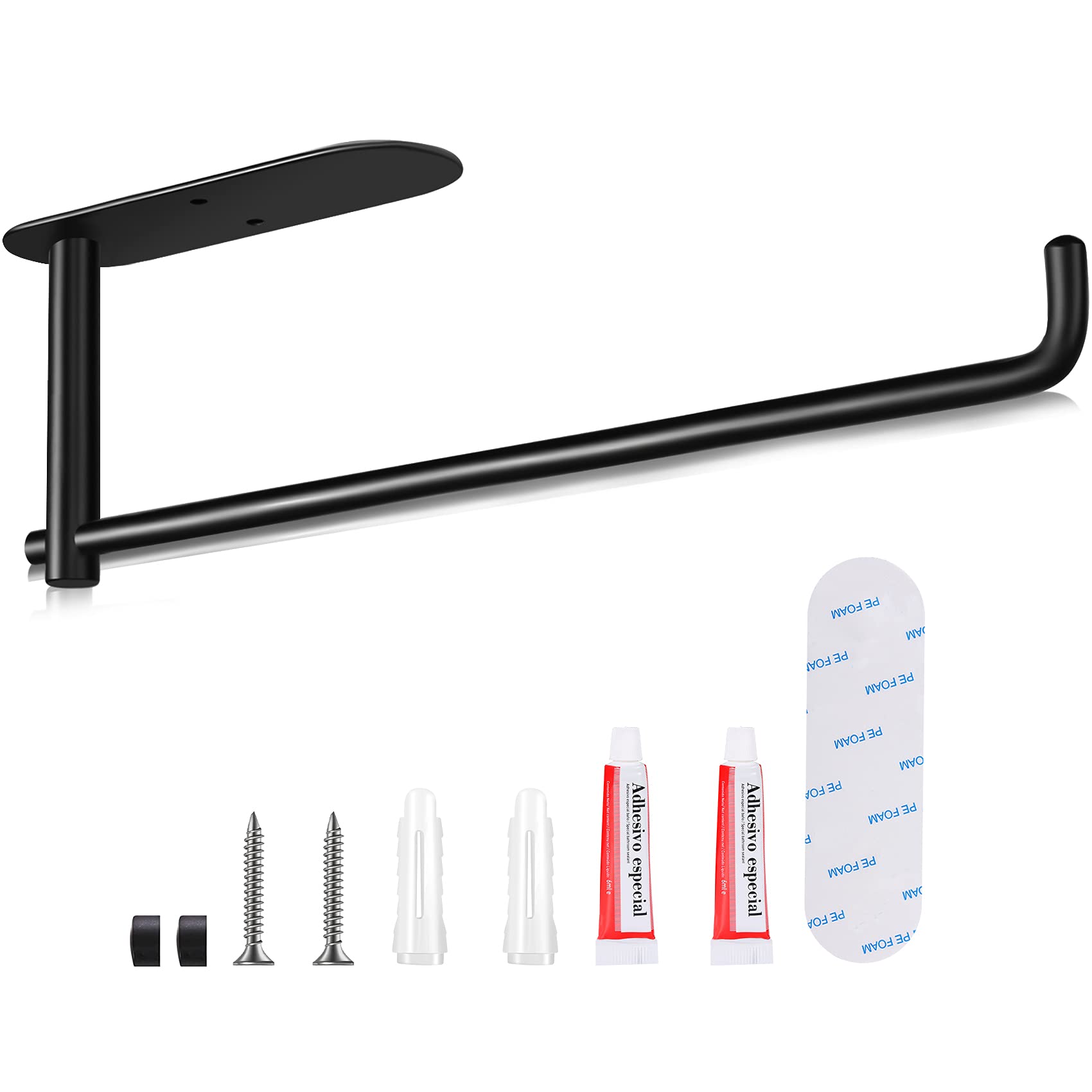 Yowmins Under Cabinet Paper Towel Holder - 13 Inch Stainless Steel Wall Mount Kitchen Paper Towel Rack with Self-Adhesive for Campers, Black | Space-Saving Solution for Kitchen, RV & Small Spaces
