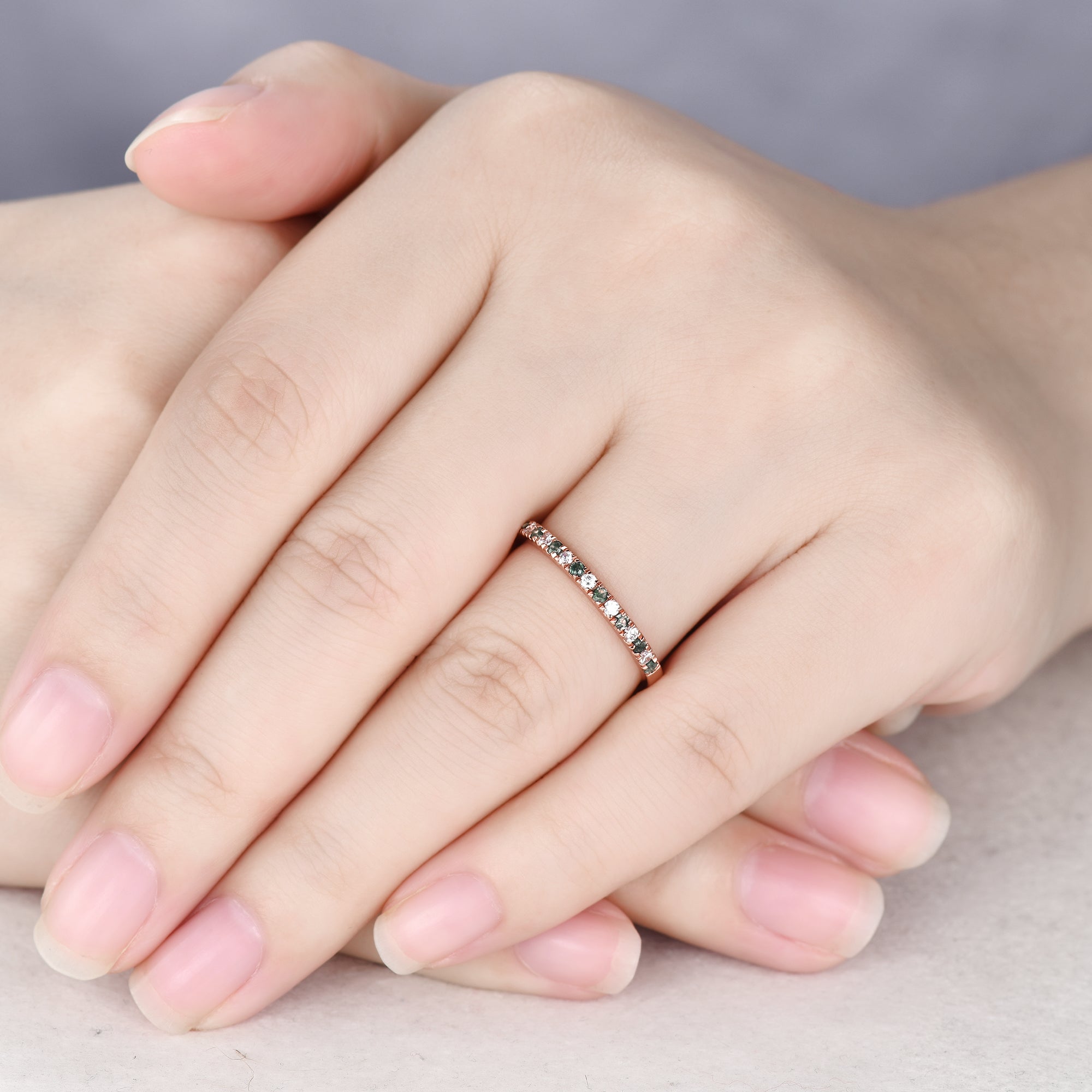 Elegant Moss Agate Wedding Band in White Gold with Moissanite - 2mm Half Eternity Stacking Ring for Women | Perfect for Bridal Jewelry, Anniversary Gifts & Everyday Wear