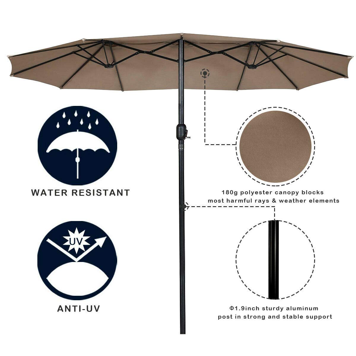 Tangkula 15 Ft Double-Sided Patio Umbrella with Crank - Outdoor Market Table Umbrella in Coffee Brown for Backyard, Poolside & Restaurant Use