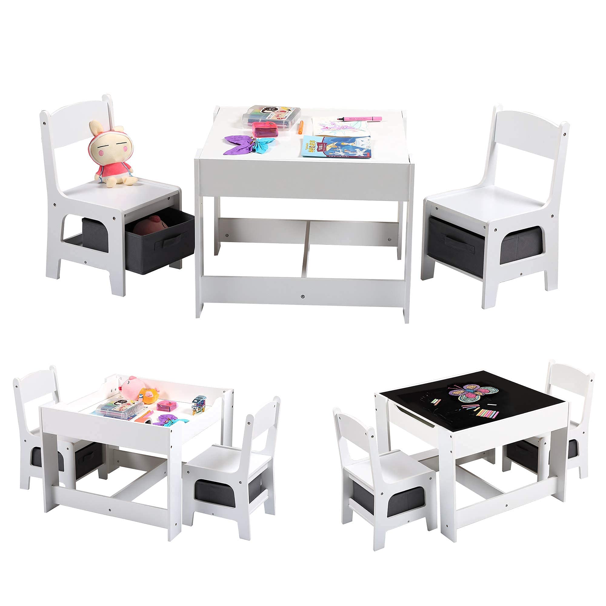 Wooden Kids Table and 2 Chairs Set - 3-in-1 Children's Activity Table with Storage Drawer & Detachable Blackboard - Toddler Play Table for Drawing, Reading, Arts & Crafts - Perfect for Playroom, Classroom & Home Learning (White)