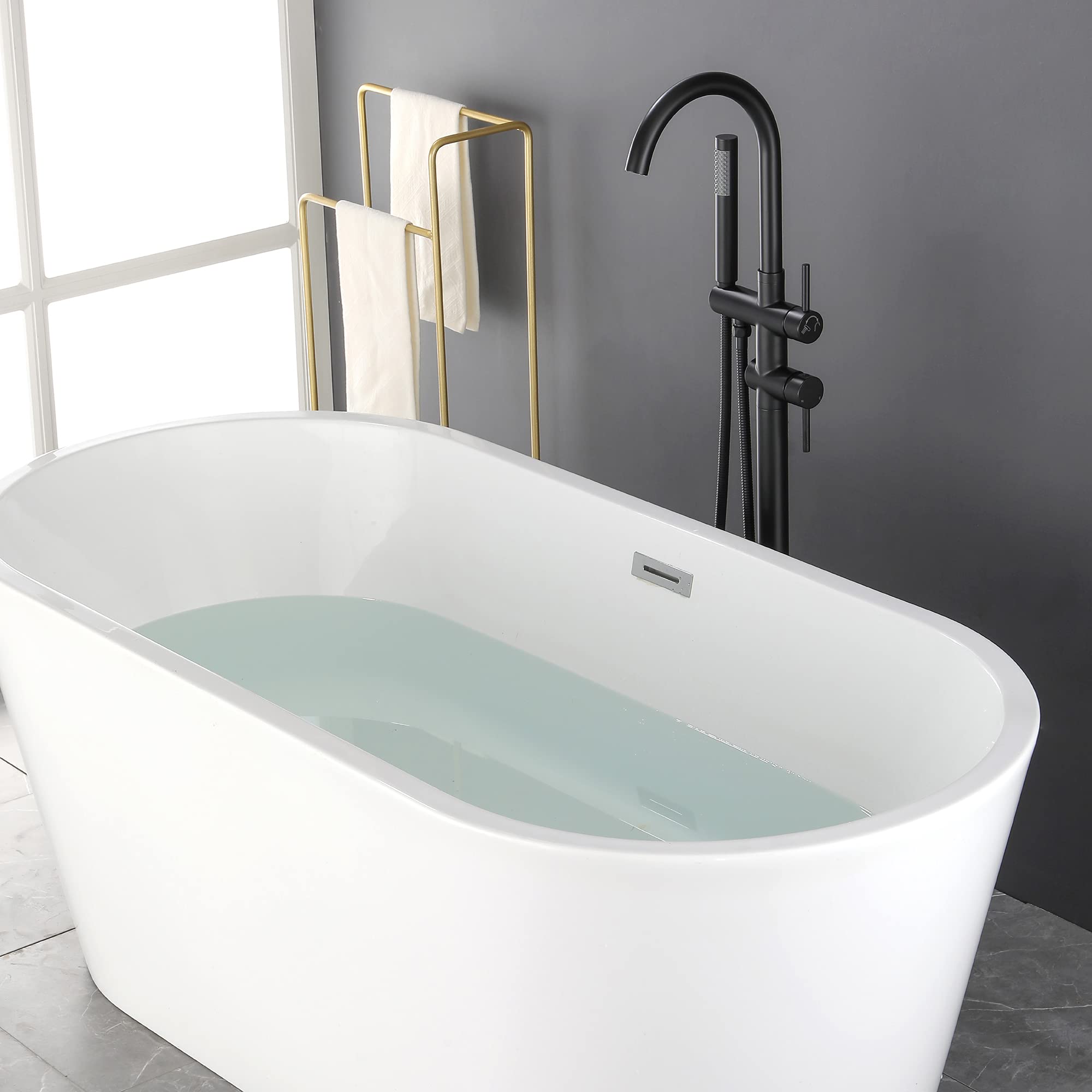 SHAMANDA Freestanding Bathtub Faucet with Hand Shower - Matte Black Floor Mount Tub Filler (Model FL901-7) - Perfect for Modern Bathroom Renovations & Spa-Like Bathing Experience