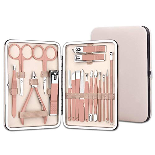 18 in 1 Professional Manicure Set for Women - Stainless Steel Nail Clippers Kit with Travel Case | Complete Nail Care & Grooming Kit for Home, Salon & Travel | Pink Beauty Essentials