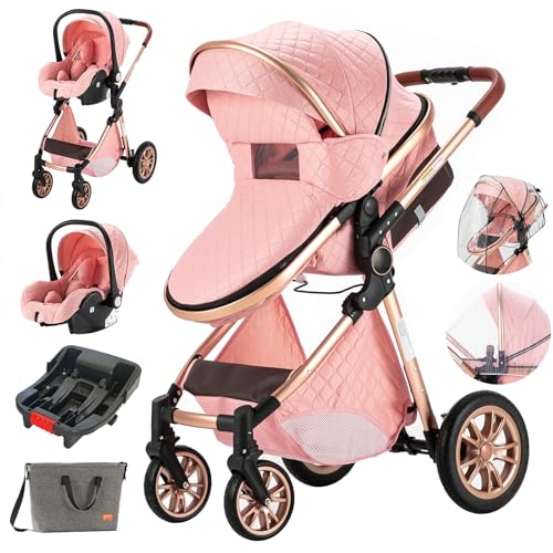 3 in 1 Baby Travel System - Lightweight Foldable Stroller with Reversible Seat & Reclining Function | Infant Pushchair & Newborn Pram | Perfect for Shopping, Travel & Daily Walks (UDV9-PINK with Base)
