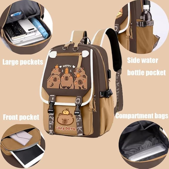 **Cute Cartoon Capybara Backpack - Lightweight Aesthetic Laptop Rucksack for School, Travel & Work | Kawaii Stylish Design**