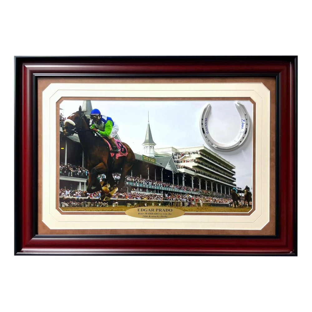 Edgar Prado Autographed Barbaro Horse Racing Photo - Framed Collage with JSA COA & Signed Horseshoe - Perfect for Sports Memorabilia Collectors and Horse Racing Fans