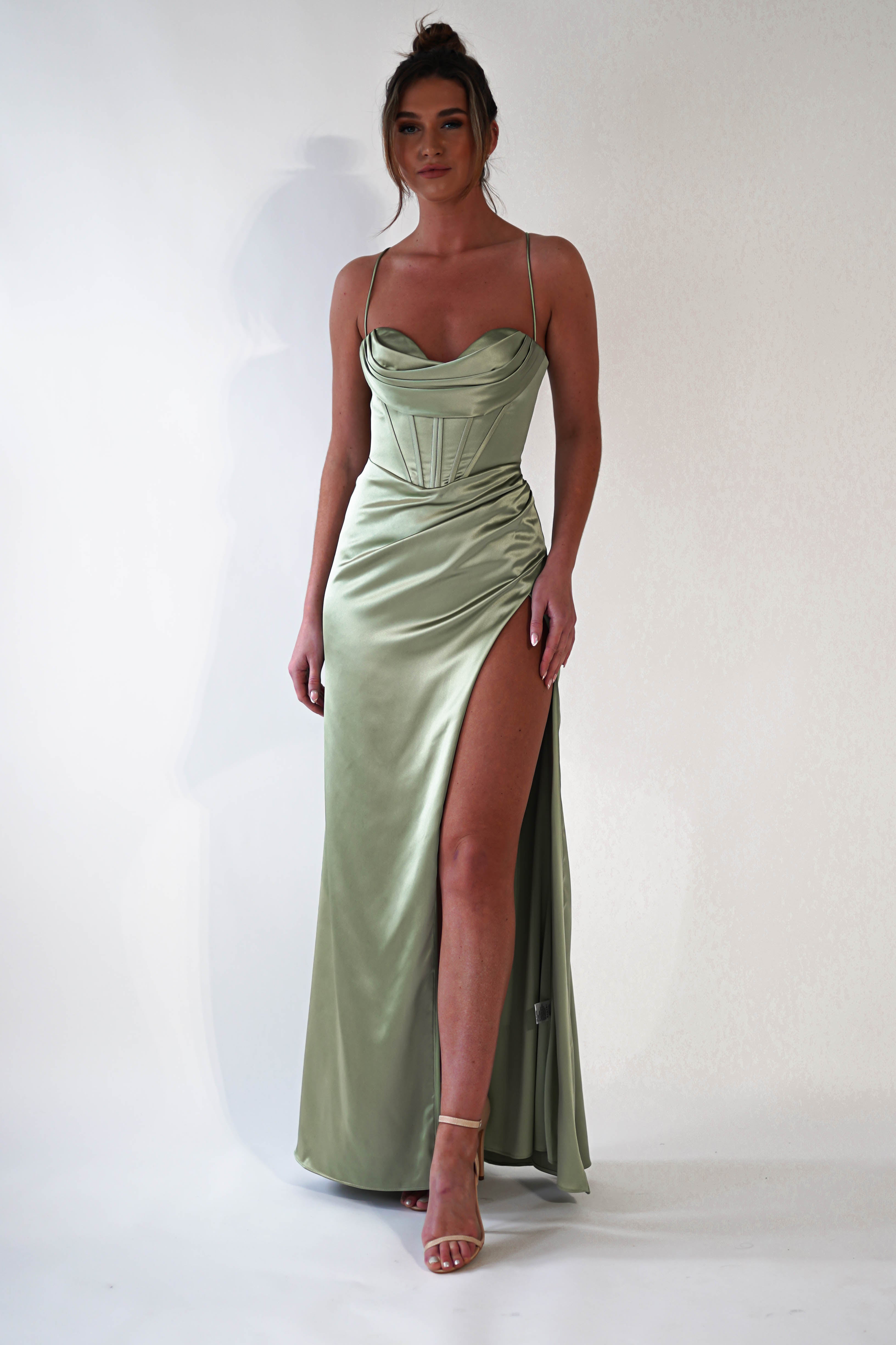 Julianne Satin Corset Gown in Sage Green - Elegant Evening Dress for Prom, Wedding & Special Occasions