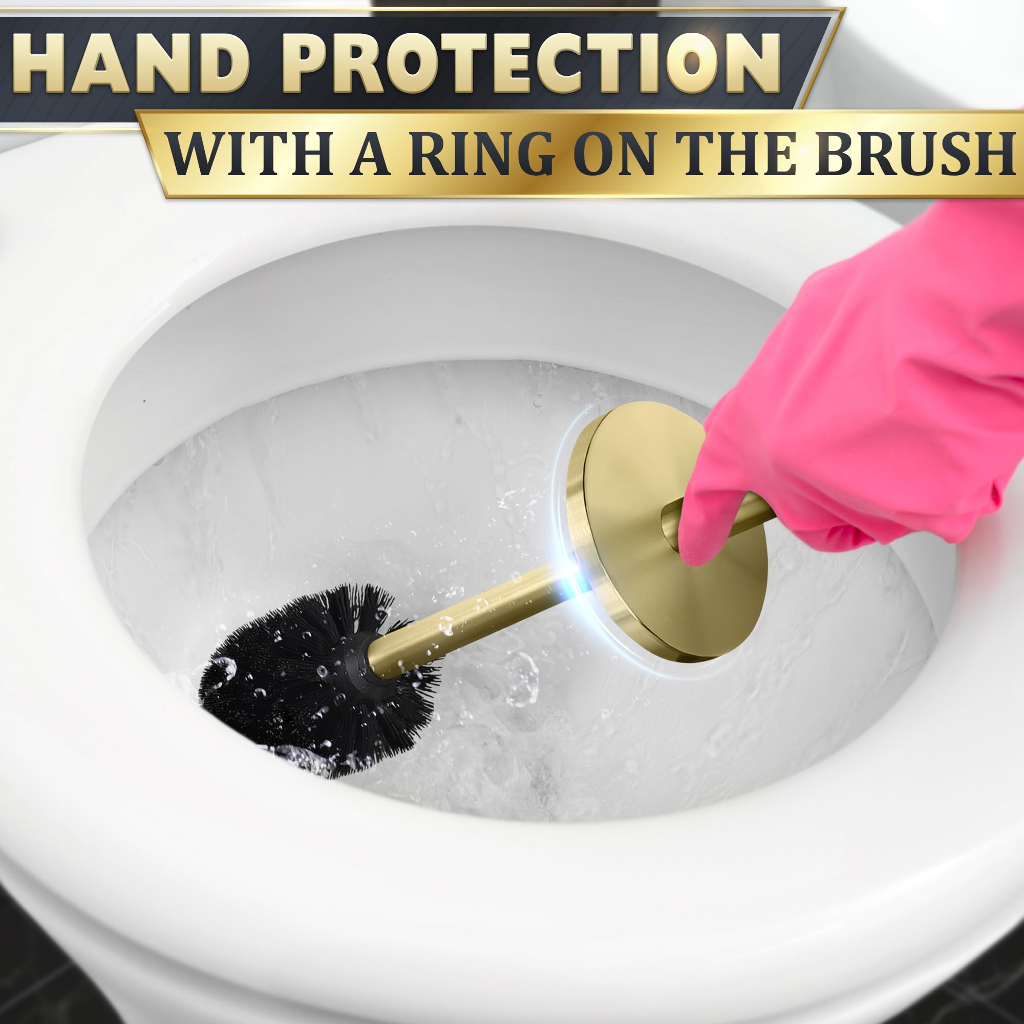 Gold Toilet Brush and Holder Set - Stainless Steel Toilet Bowl Cleaner with Replaceable Head & Splash Guard - Dense Bristles for Deep Cleaning - Perfect for Bathroom, Toilet, and Household Cleaning