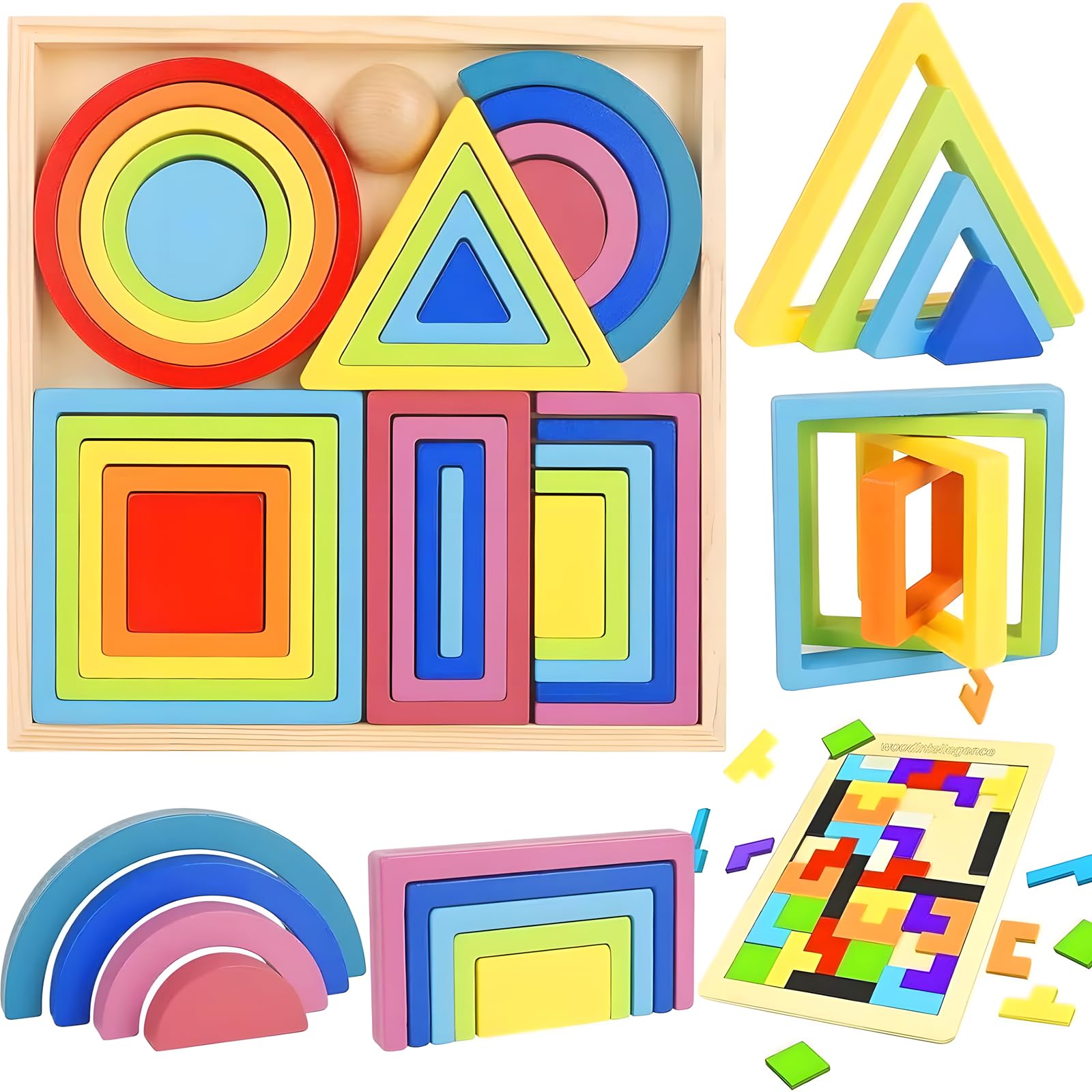 IKUKUER Wooden Rainbow Stacking Puzzle - Montessori Sensory Toys for Toddlers, Educational Building Blocks for Preschool Learning & Early Childhood Development - Perfect for Playtime, Classroom & Homeschool Activities