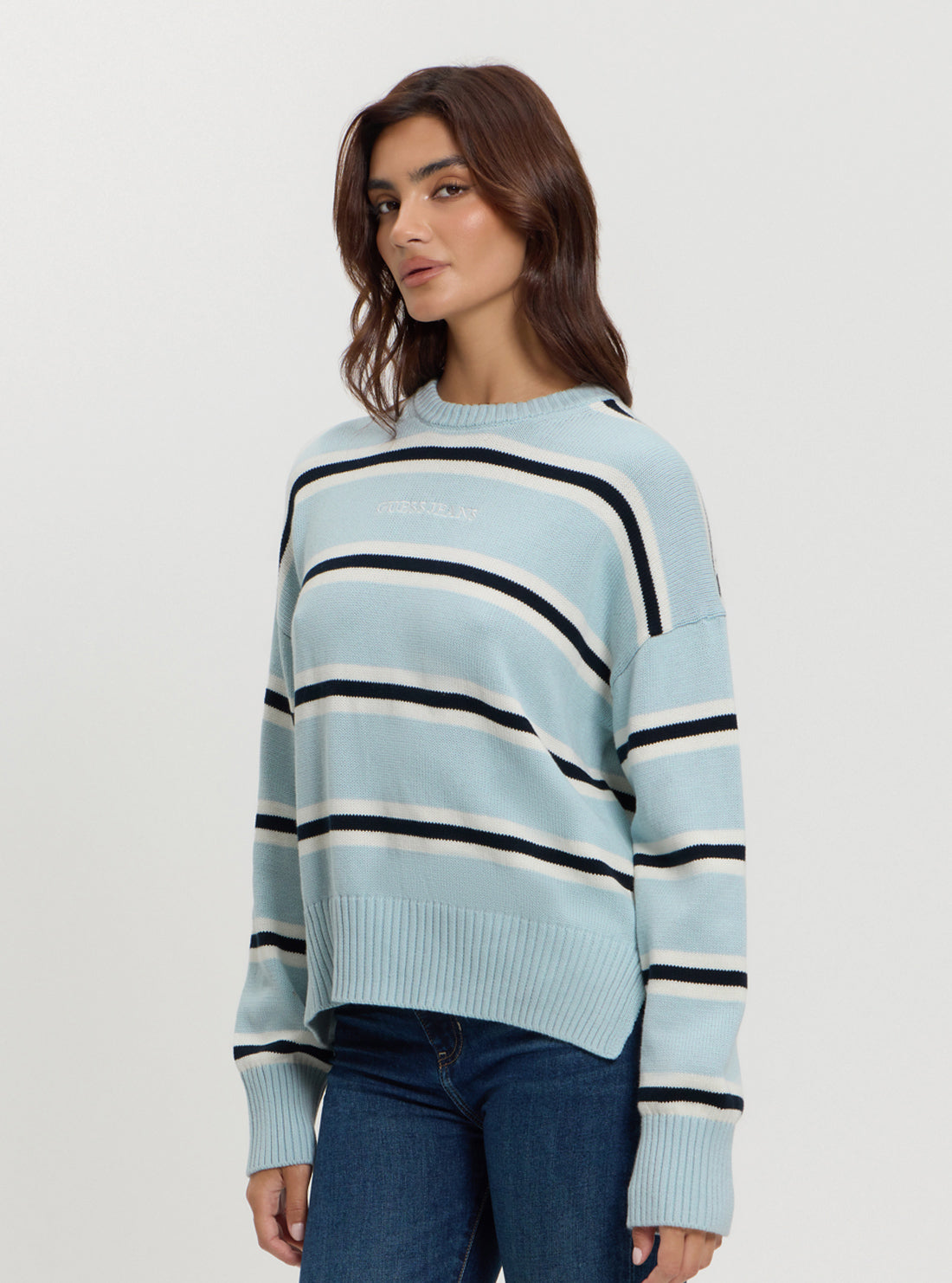 Guess Women's Striped Knit Sweater Jumper - Casual Long Sleeve Pullover for Fall & Winter Fashion