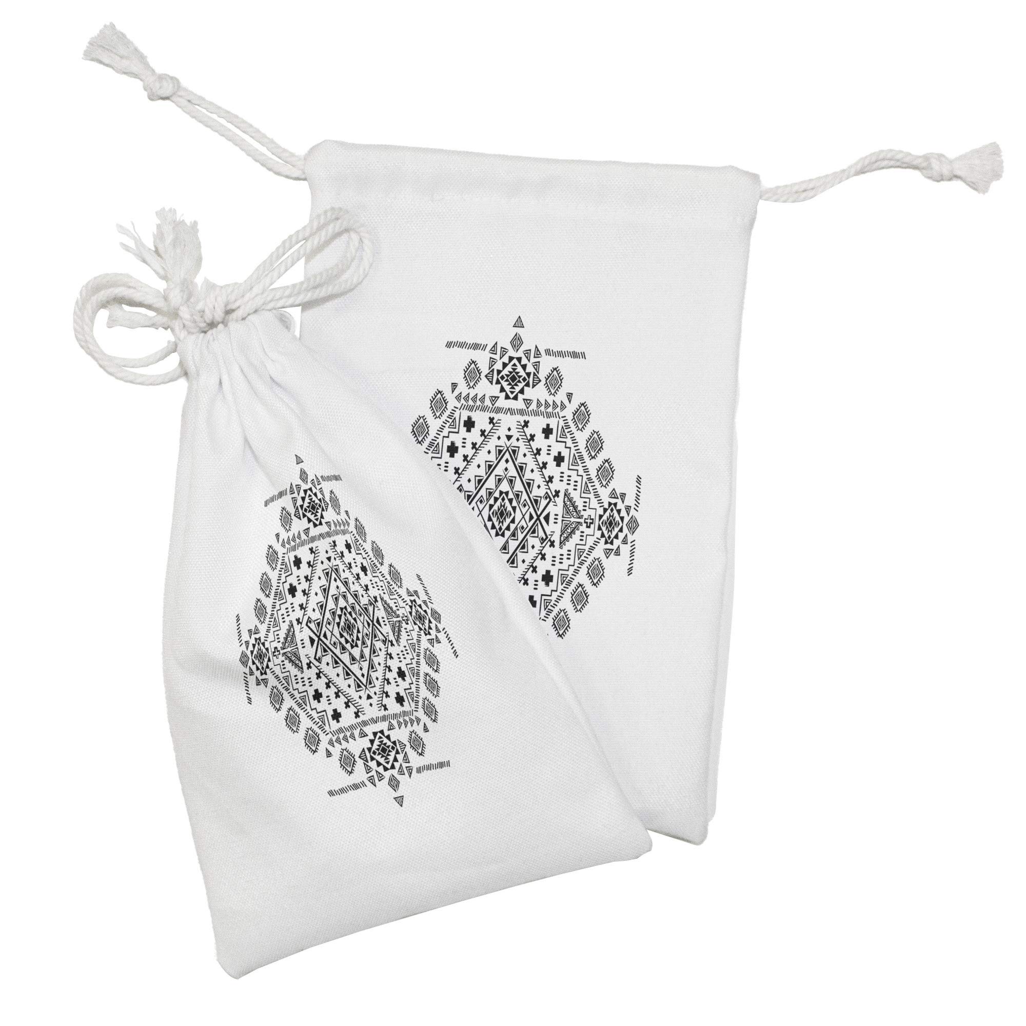 Ambesonne Mexican Fabric Pouch Set of 2 - Mayan Geometric Triangle Line Square Print Small Drawstring Bags (9