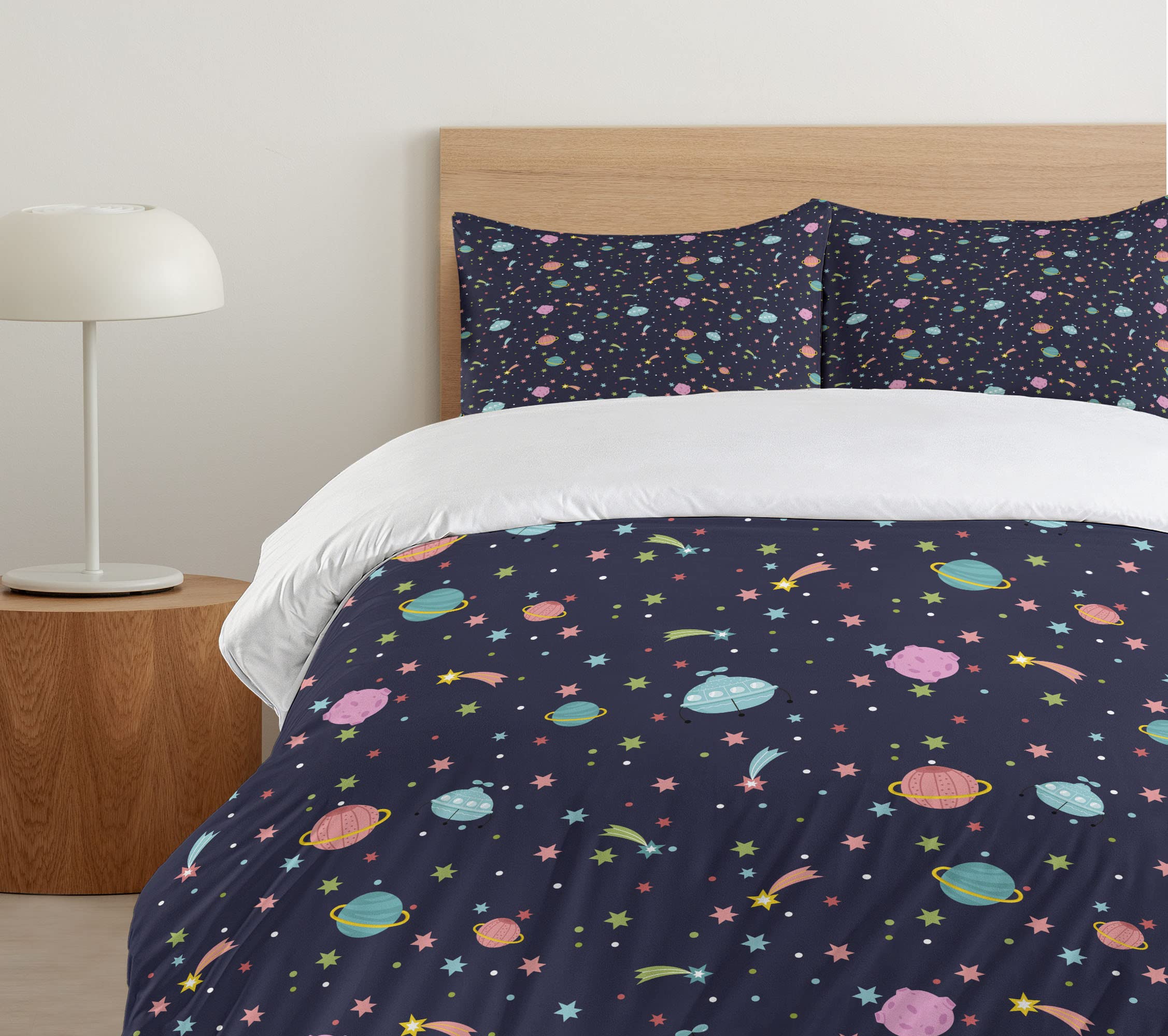 Ambesonne Galaxy Duvet Cover Set - Queen Size 3-Piece Bedding with Alien Planets, Shooting Stars & Polka Dots Design, Navy Blue Space Theme for Kids & Adults Bedroom Decor | Perfect for Sci-Fi Lovers & Astronomy Enthusiasts
