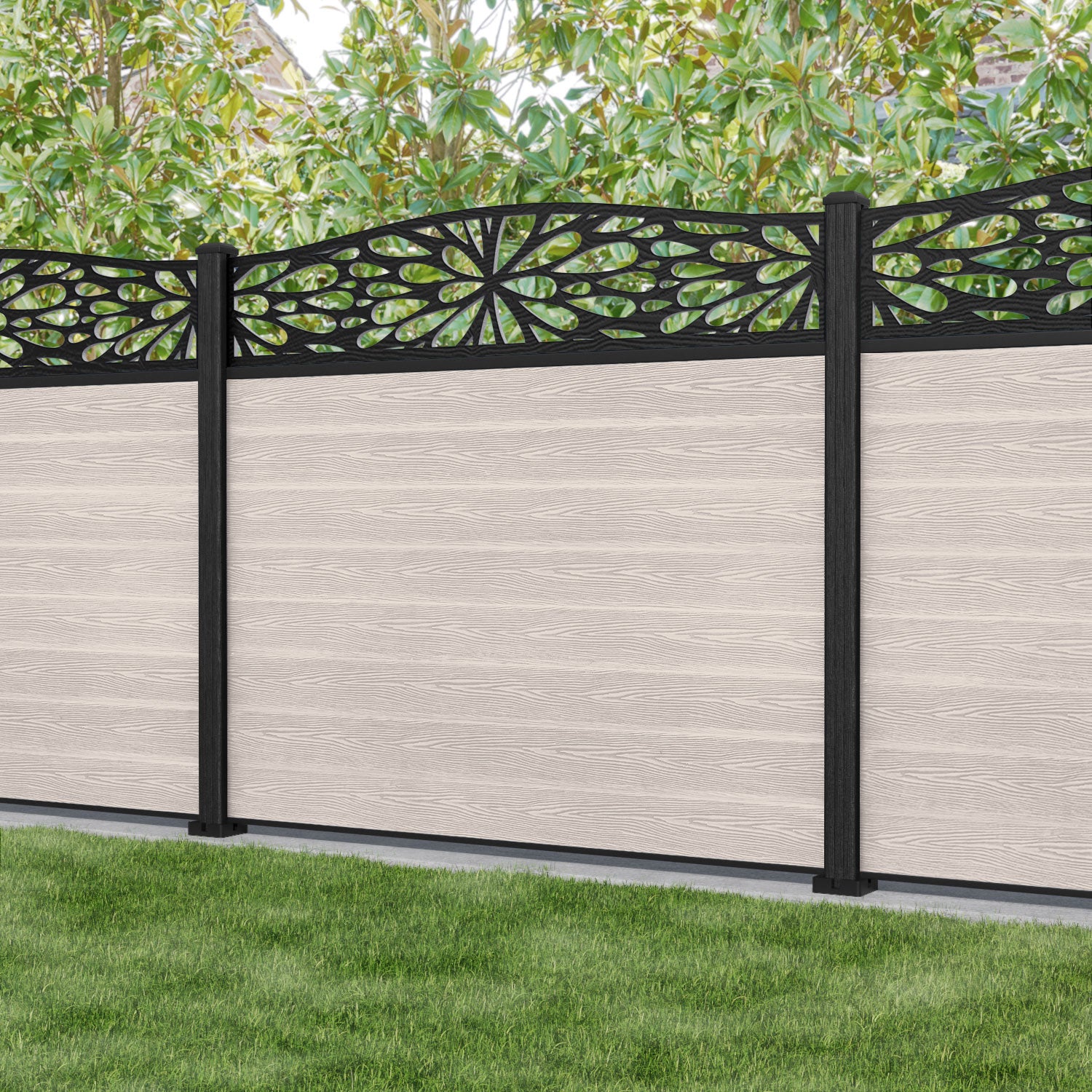 Classic Blossom Curved Top Composite Fence Panel in Mid Stone Color - Durable Outdoor Privacy Fence for Garden, Yard, and Backyard Landscaping
