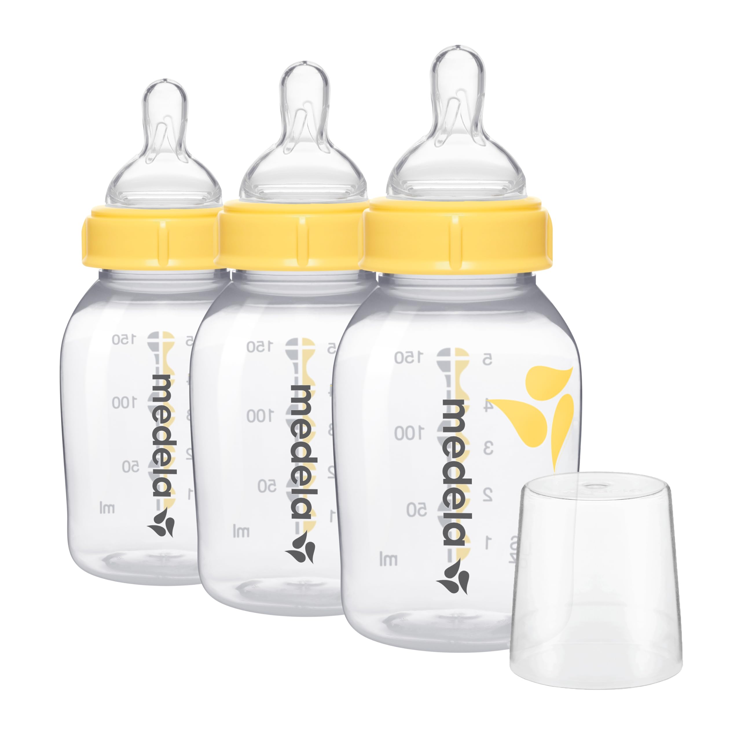 Medela Slow Flow Baby Bottles - 5 Ounce (3 Pack) with Nipple, Lids, Collars & Travel Caps | BPA-Free | Perfect for Breastmilk Storage & On-the-Go Feeding