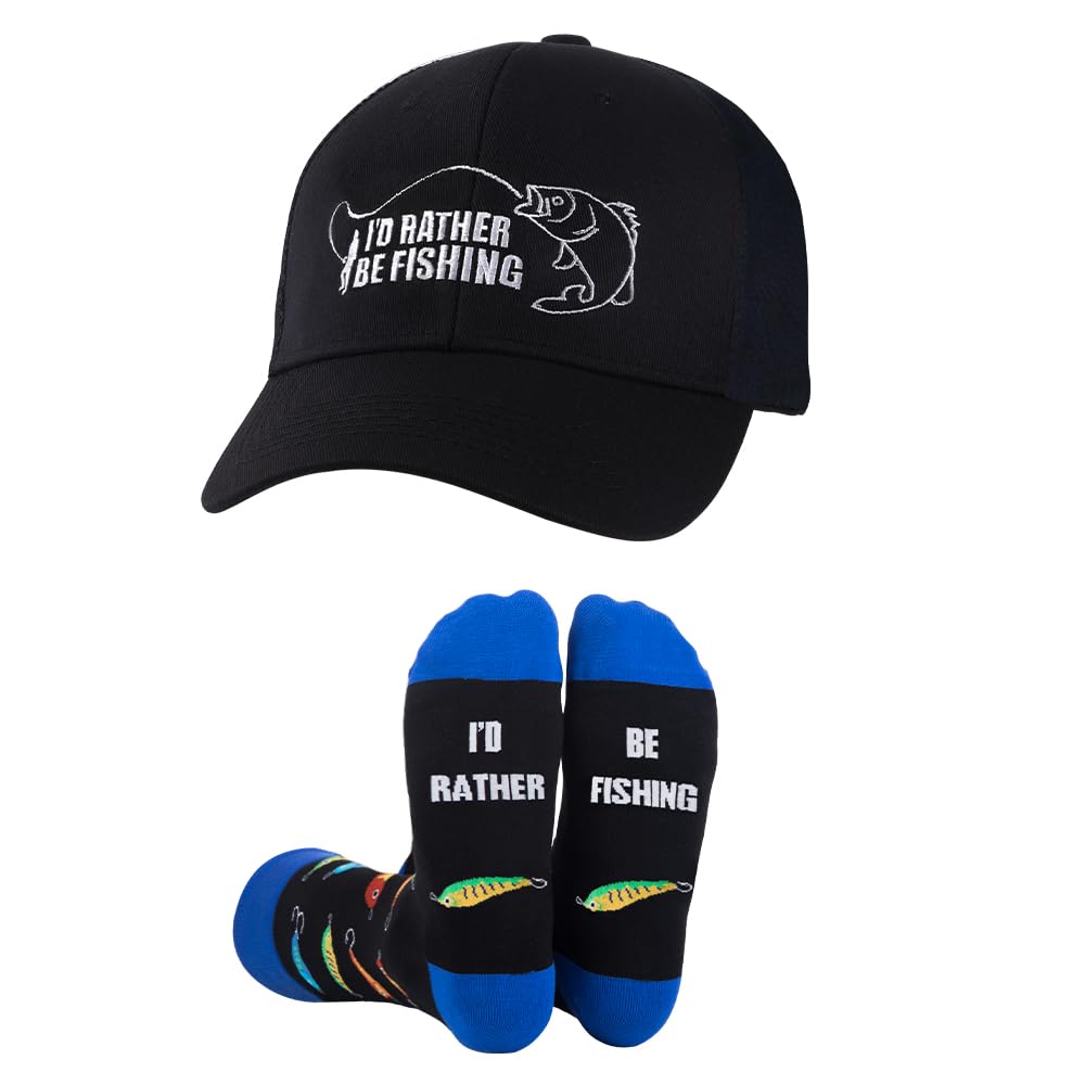 GOAUS Funny Fishing Hat & Socks Set - Best Gifts for Men, Dad, Husband, Boyfriend, Grandpa - Perfect Christmas Stocking Stuffers for Fishing Enthusiasts - Great for Outdoor Activities, Fishing Trips & Birthday Presents