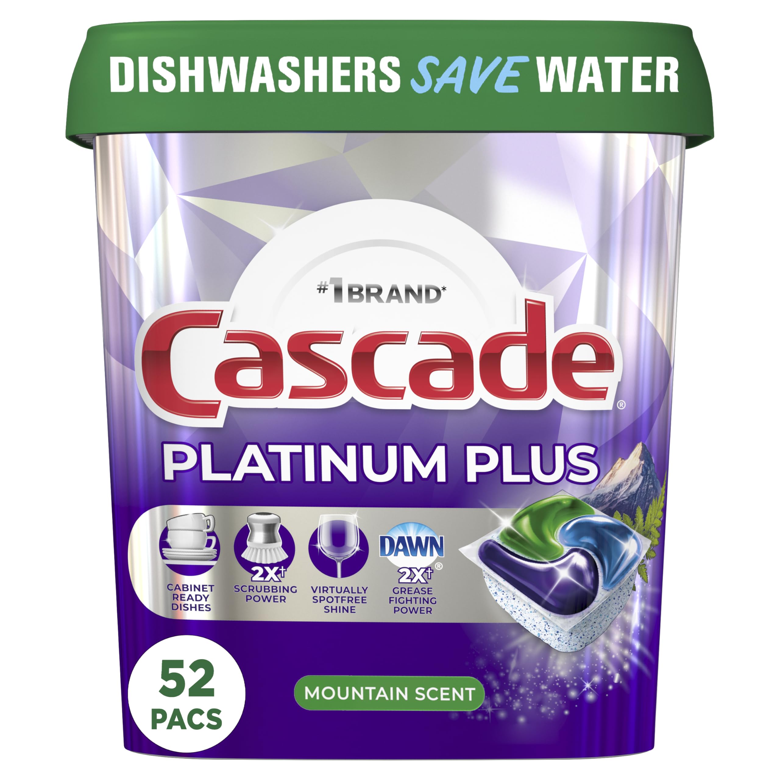 Cascade Platinum Plus ActionPacs Dishwasher Detergent Pods - 52 Count | Powerful Cleaning for Tough Stains | Fresh Mountain Scent | Perfect for Daily Dishwashing & Hard Water Areas
