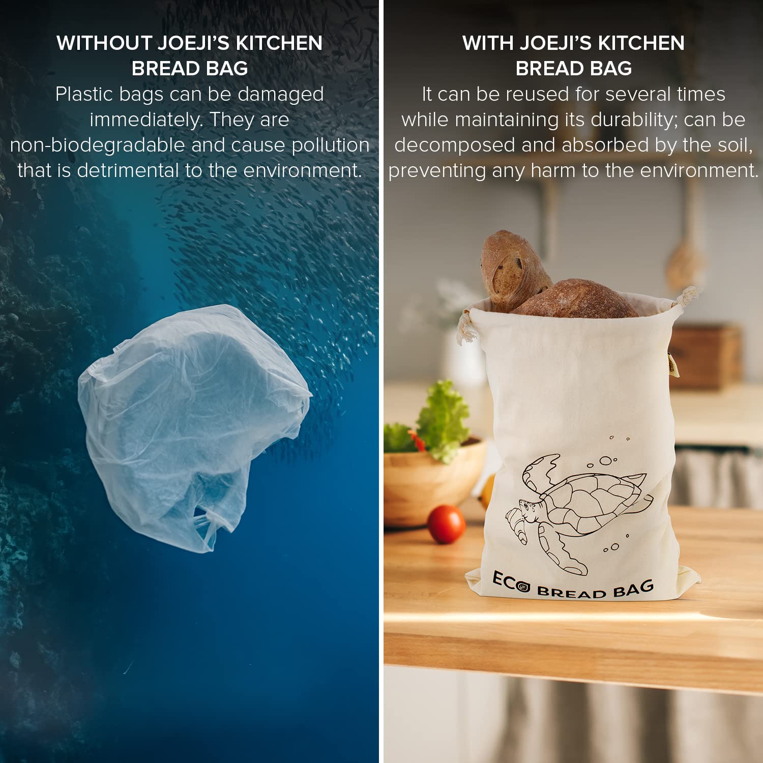 Joeji's Kitchen Bread Bag Set of 2 - 30 x 40 cm Reusable Cotton Cloth Bread Storage Bags for Homemade Bread, Bakery Treats & Pastries | Eco-Friendly Zero Waste Alternative to Plastic | Perfect for Bread Storage, Picnics & Gifts