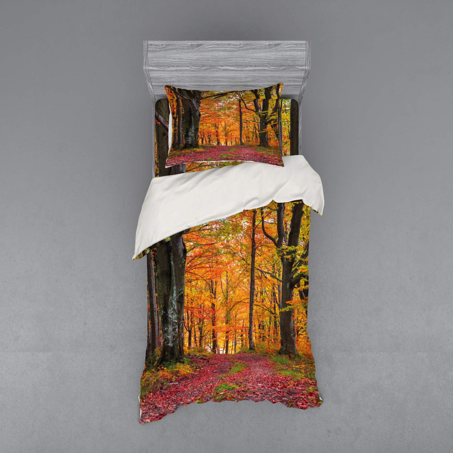 Ambesonne Autumn Bedding Set - Fall Forest Duvet Cover with Deciduous Trees & Leaves | 3-Piece Twin XL Set (Duvet Cover, Sham, Fitted Sheet) in Apricot Brown Red | Cozy Seasonal Bedroom Decor for Cabin, Dorm or Guest Room