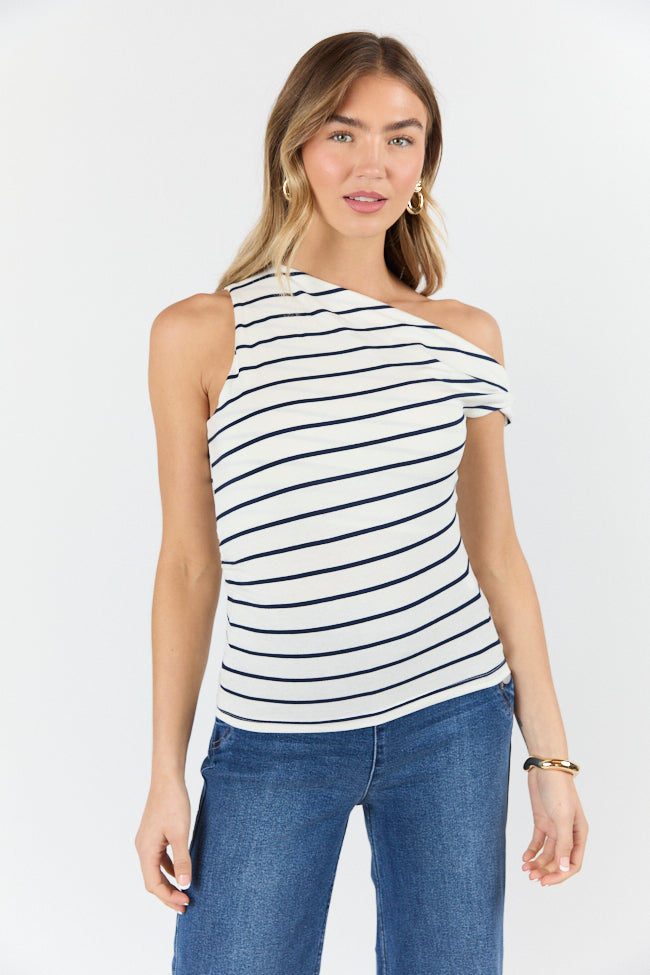 Twilight Tides Ivory & Navy Striped Off-Shoulder Knit Top | Casual Summer Beachwear & Date Night Outfit