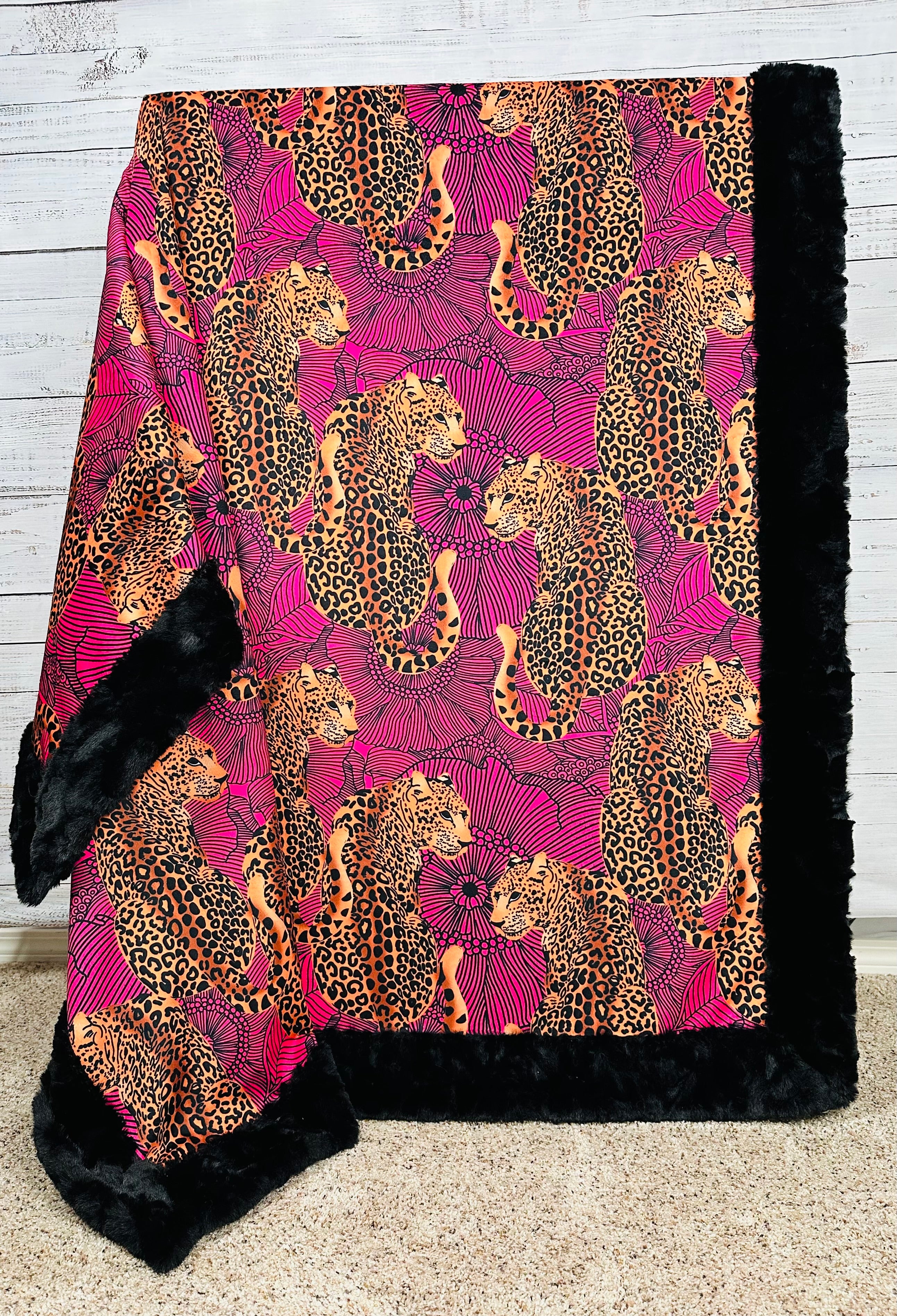 Leopard Print Hot Pink Kaleidoscope Pattern Black Tuscany Large Throw Blanket 55x79 Inches - Soft Cozy Blanket for Bed, Sofa, Outdoor Picnics & Home Decor