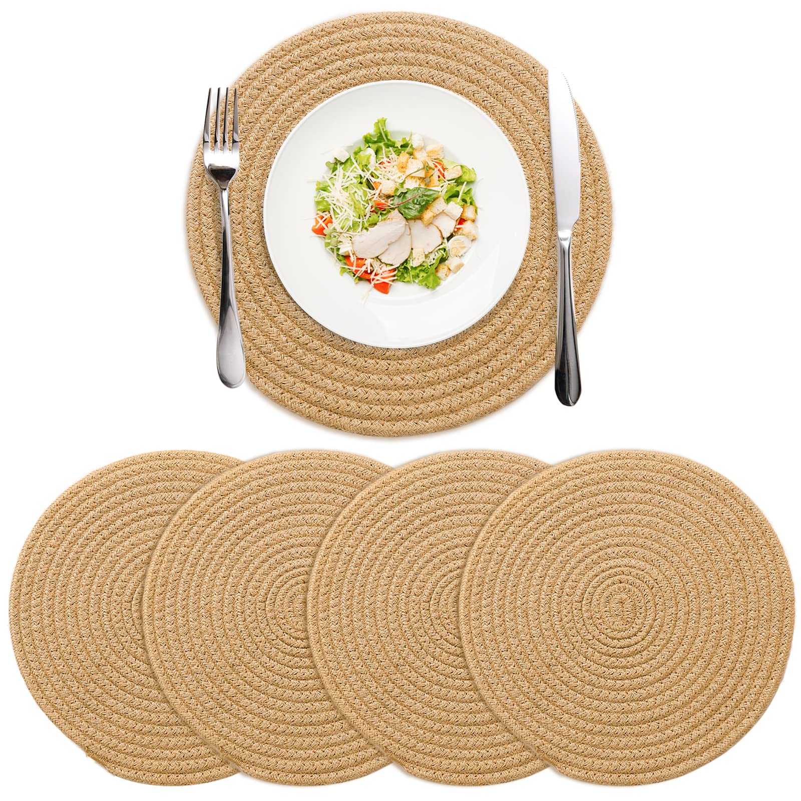 Round Cotton Placemats Set of 4 - 12 Inch Woven Washable Table Mats for Round Dining Table | Natural Jute Decor | Perfect for Farmhouse, Rustic, and Boho Style Dining Rooms