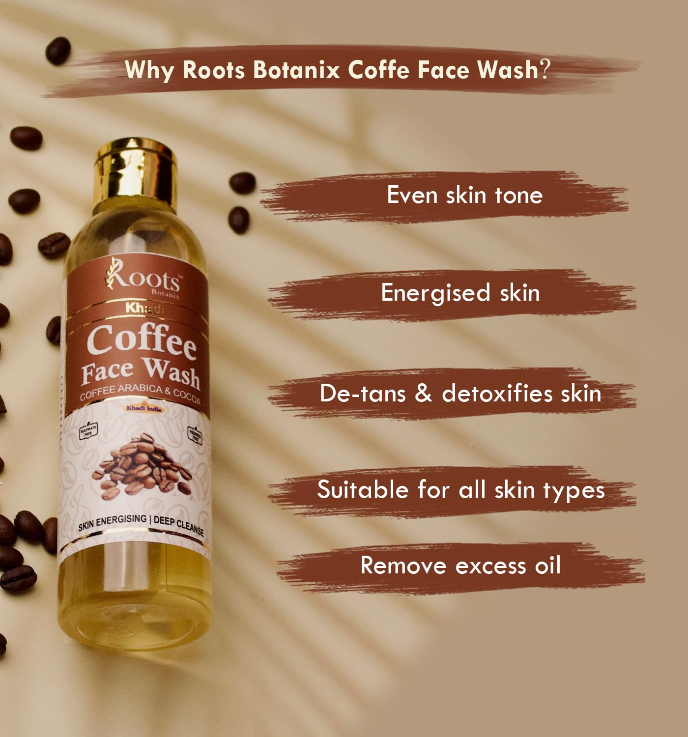 Roots Botanix Coffee Face Wash for Glowing Skin - Brightening & De-Tan Cleanser | Anti-Pollution & Pimple Control | Natural Liquid Soap (200ml) | Perfect for Daily Skincare & Morning Routine